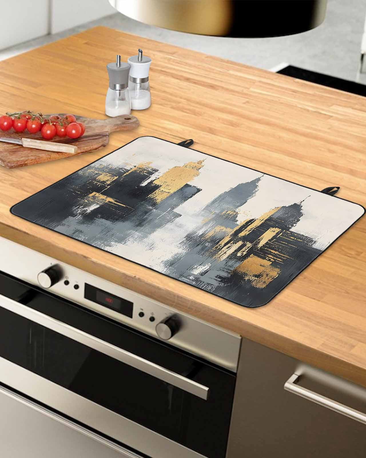 nqOlkjepod Large Induction Cooktop Protector Mat 24"x21", Abstract City Stove Top Covers for Electric Stove, Retro Chic Abstract Building Oil Painting Stove Burner Cover Mats, Glass Top Stove Cover