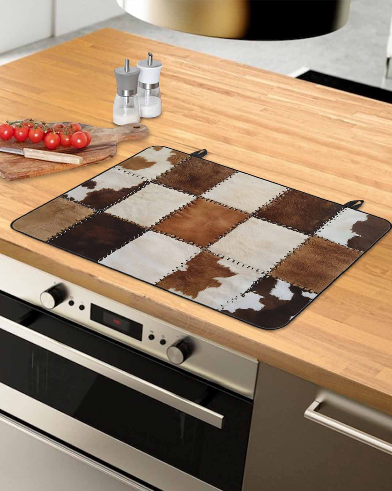 nqOlkjepod Large Induction Cooktop Protector Mat 24"x21", Abstract Cowhides Stove Top Covers for Electric Stove, Brown Beige Animal Fur Texture Stove Burner Cover Mats, Glass Top Stove Cover