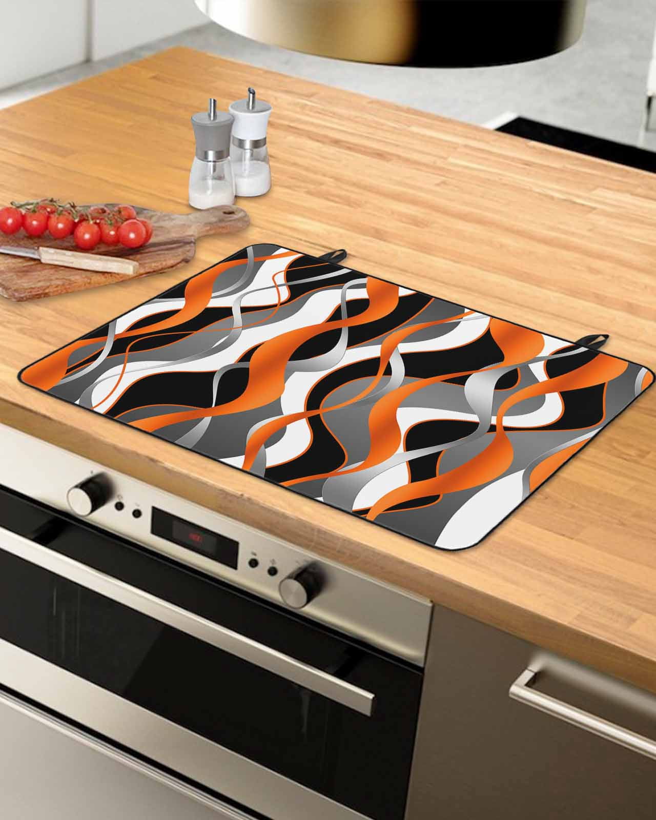 nqOlkjepod Large Induction Cooktop Protector Mat 24"x21", Abstract Stripes Stove Top Covers for Electric Stove, Retro Modern Orange Black Gray Lines Stove Burner Cover Mats, Glass Top Stove Cover