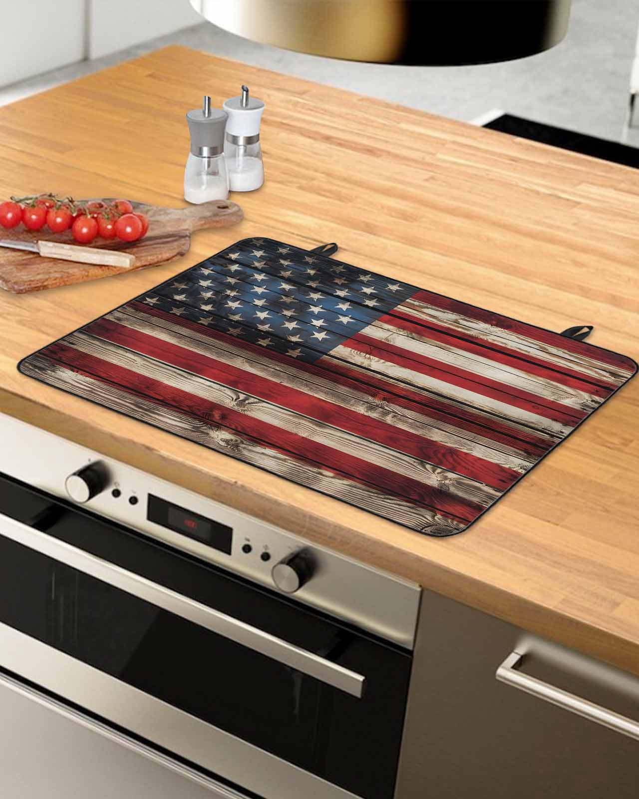 nqOlkjepod Large Induction Cooktop Protector Mat 24"x21", American Flag Stove Top Covers for Electric Stove, Stars And Stripes Vintage Wooden US Flag Stove Burner Cover Mats, Glass Top Stove Cover
