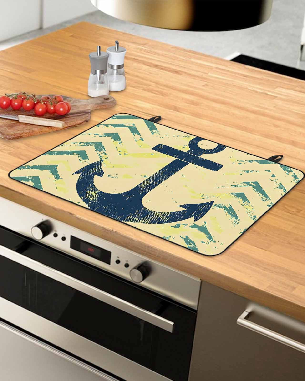 nqOlkjepod Large Induction Cooktop Protector Mat 24"x21", Anchor Nautical Stove Top Covers for Electric Stove, Green Yellow Wave Stripe Retro Stove Burner Cover Mats, Glass Top Stove Cover