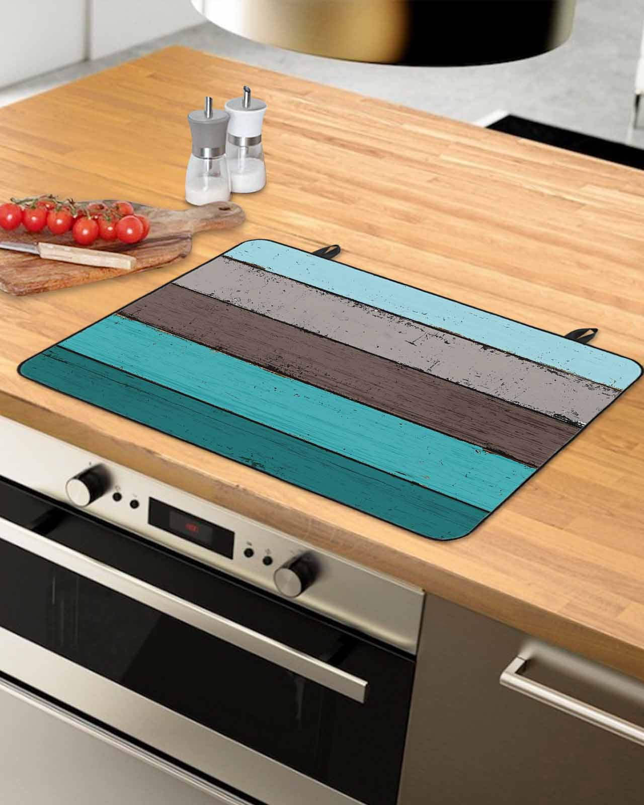 nqOlkjepod Large Induction Cooktop Protector Mat 24"x21", Aqua Grey Stove Top Covers for Electric Stove, Vintage Stripe Farmhouse Wood Grain Ombre Stove Burner Cover Mats, Glass Top Stove Cover