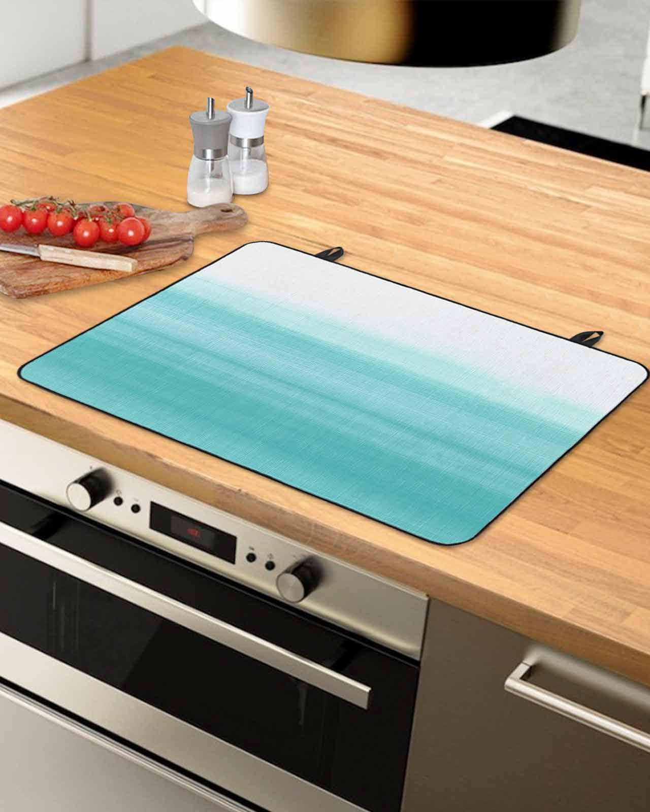 nqOlkjepod Large Induction Cooktop Protector Mat 24"x21", Aqua White Ombre Stove Top Covers for Electric Stove, Chic Modern Funny Abstract Striped Art Stove Burner Cover Mats, Glass Top Stove Cover