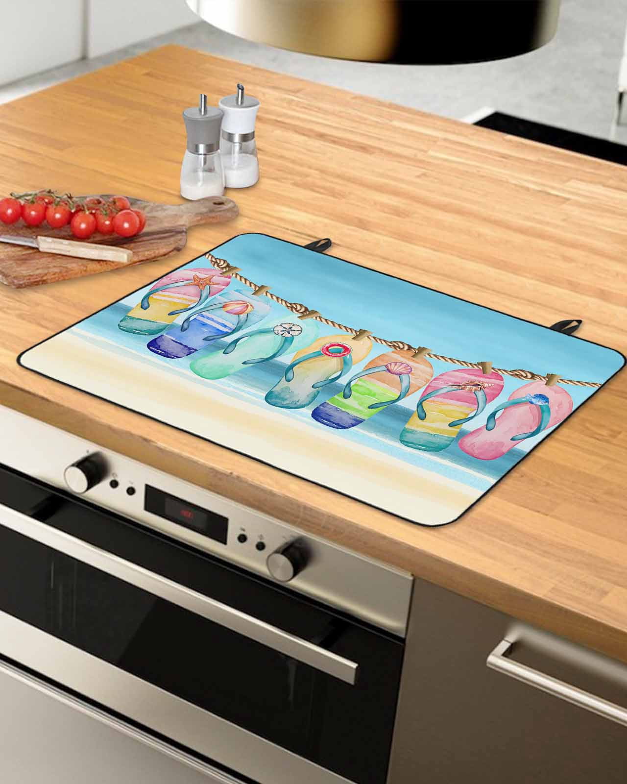 nqOlkjepod Large Induction Cooktop Protector Mat 24"x21", Beach Slippers Stove Top Covers for Electric Stove, Blue Summer Ocean Coastal Shell Stove Burner Cover Mats, Glass Top Stove Cover