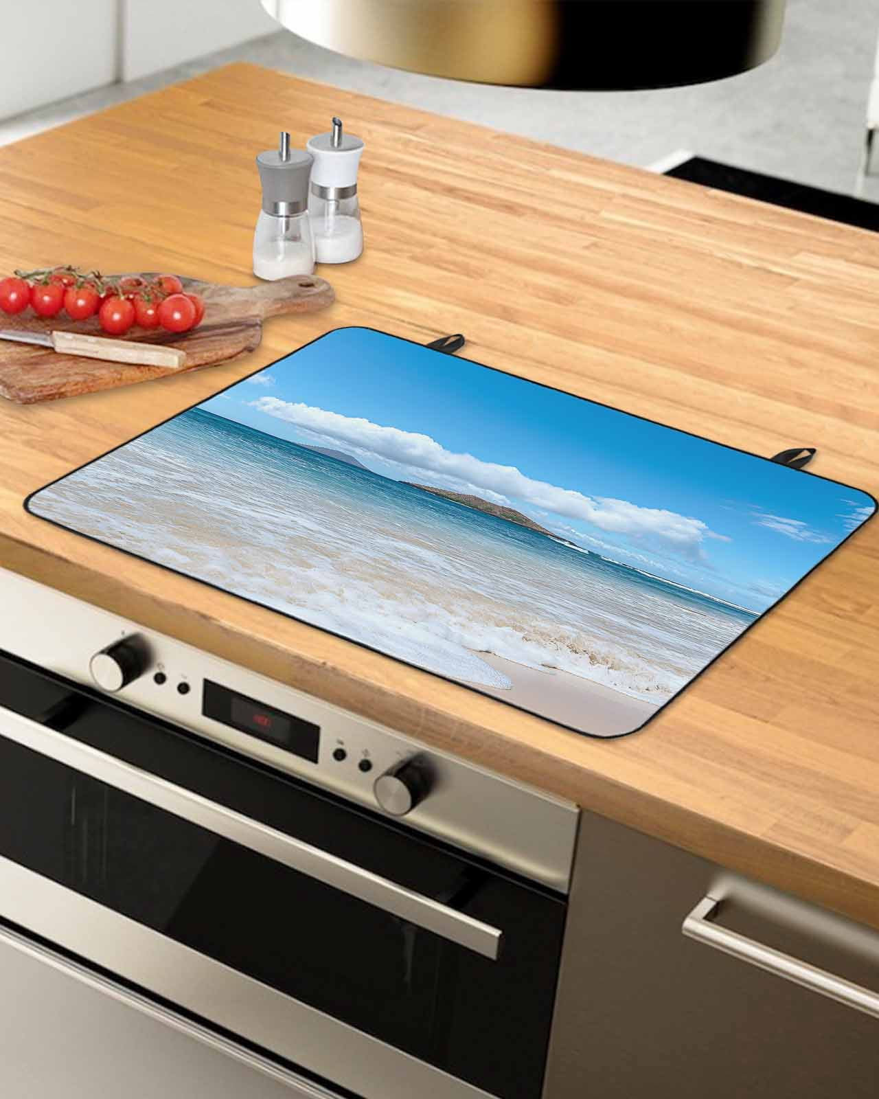 nqOlkjepod Large Induction Cooktop Protector Mat 24"x21", Beach Stove Top Covers for Electric Stove, Summer Ocean Blue Sky Sand Waves Modern Style Stove Burner Cover Mats, Glass Top Stove Cover