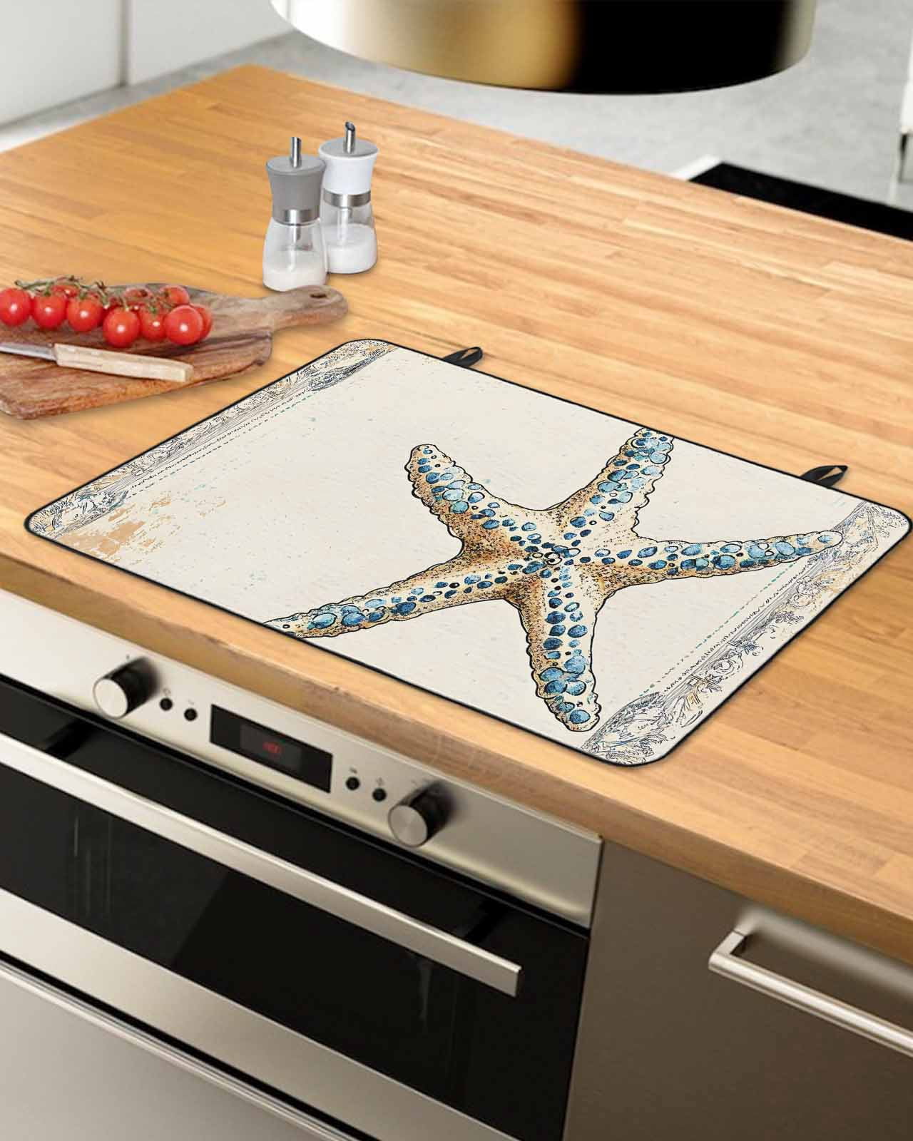 nqOlkjepod Large Induction Cooktop Protector Mat 24"x21", Beige Blue Coastal Stove Top Covers for Electric Stove, Summer Ocean Vintage Starfish Stove Burner Cover Mats, Glass Top Stove Cover