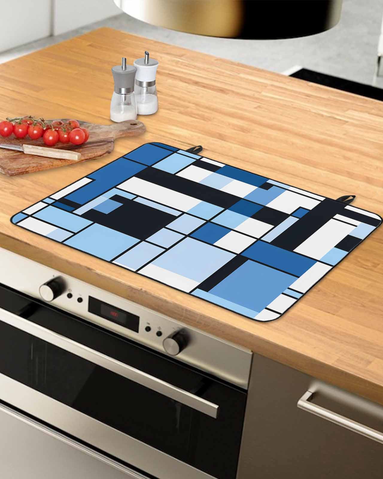 nqOlkjepod Large Induction Cooktop Protector Mat 24"x21", Black Blue Geometric Stove Top Covers for Electric Stove, Blue White Abstract Art Modern Stove Burner Cover Mats, Glass Top Stove Cover