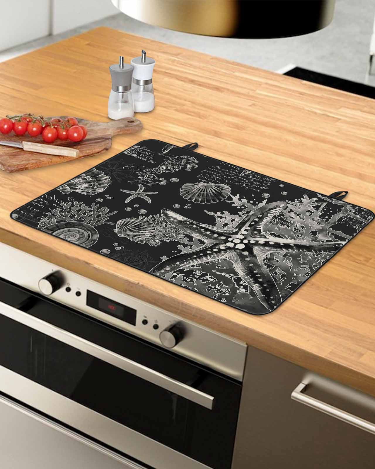nqOlkjepod Large Induction Cooktop Protector Mat 24"x21", Black Coastal Starfish Stove Top Covers for Electric Stove, Vintage Coral Seahorse Shell Stove Burner Cover Mats, Glass Top Stove Cover