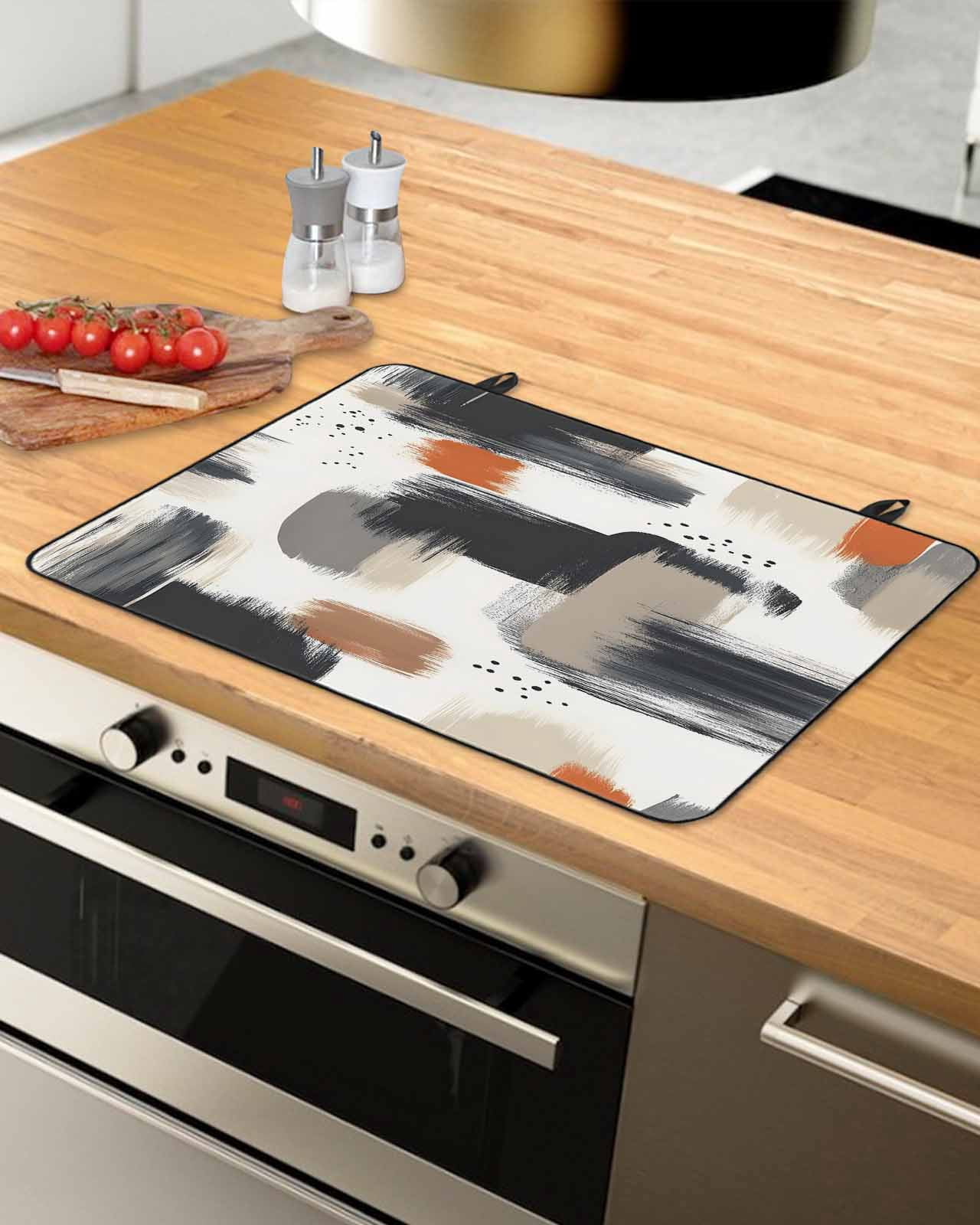 nqOlkjepod Large Induction Cooktop Protector Mat 24"x21", Black Khaki Stove Top Covers for Electric Stove, Geometric Abstract Retro Art Aesthetic Stove Burner Cover Mats, Glass Top Stove Cover
