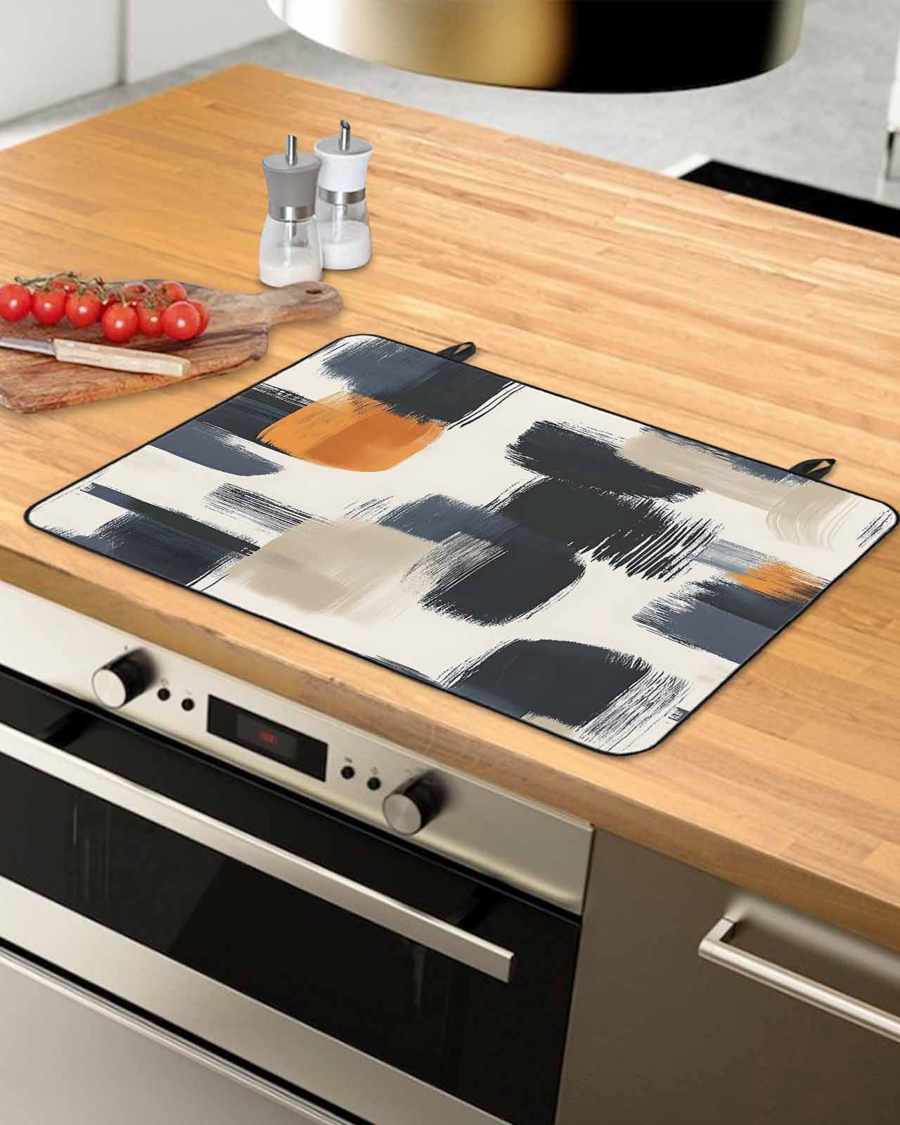 nqOlkjepod Large Induction Cooktop Protector Mat 24"x21", Black Khaki Stove Top Covers for Electric Stove, Geometric Simple Middle Century Art Stove Burner Cover Mats, Glass Top Stove Cover