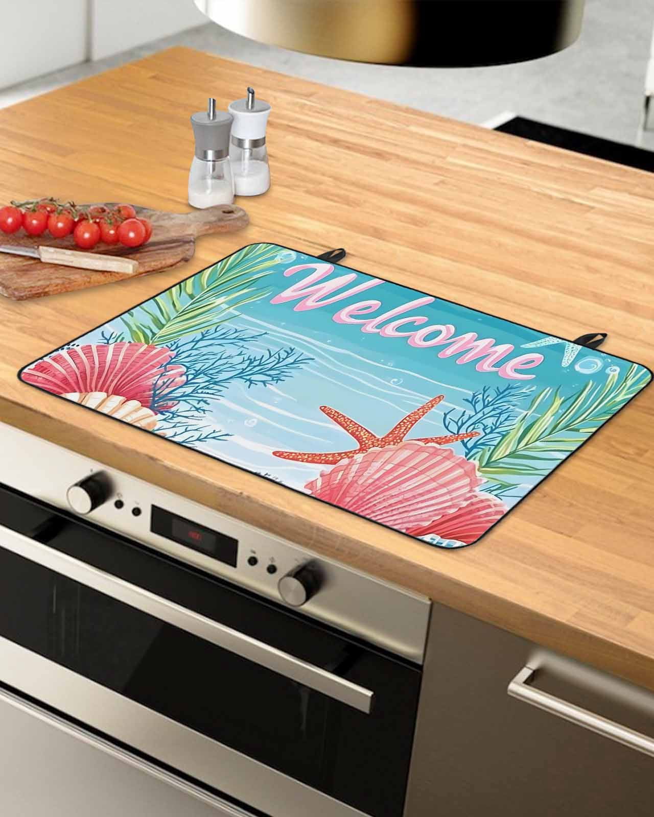nqOlkjepod Large Induction Cooktop Protector Mat 24"x21", Blue Beige Coastal Beach Stove Top Covers for Electric Stove, Summer Ocean Coral Wave Stove Burner Cover Mats, Glass Top Stove Cover