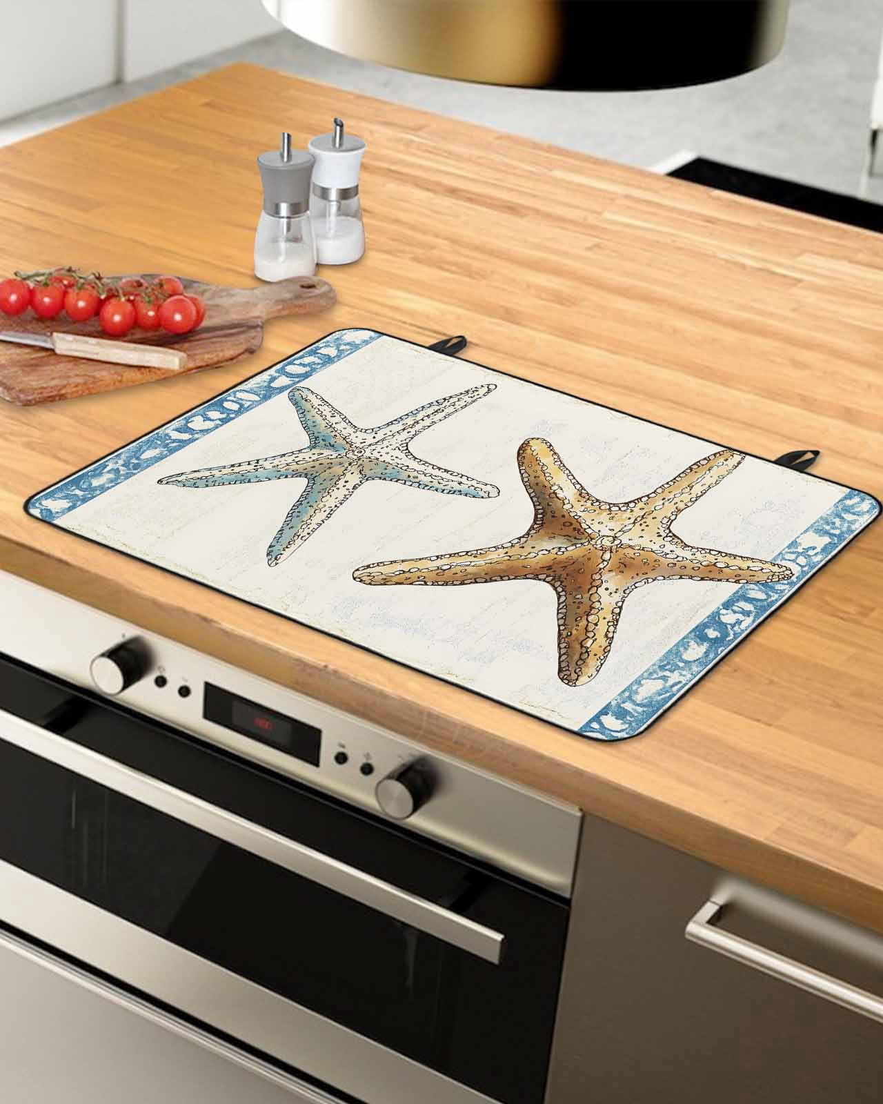 nqOlkjepod Large Induction Cooktop Protector Mat 24"x21", Blue Beige Coastal Beach Stove Top Covers for Electric Stove, Summer Vintage Starfish Stove Burner Cover Mats, Glass Top Stove Cover