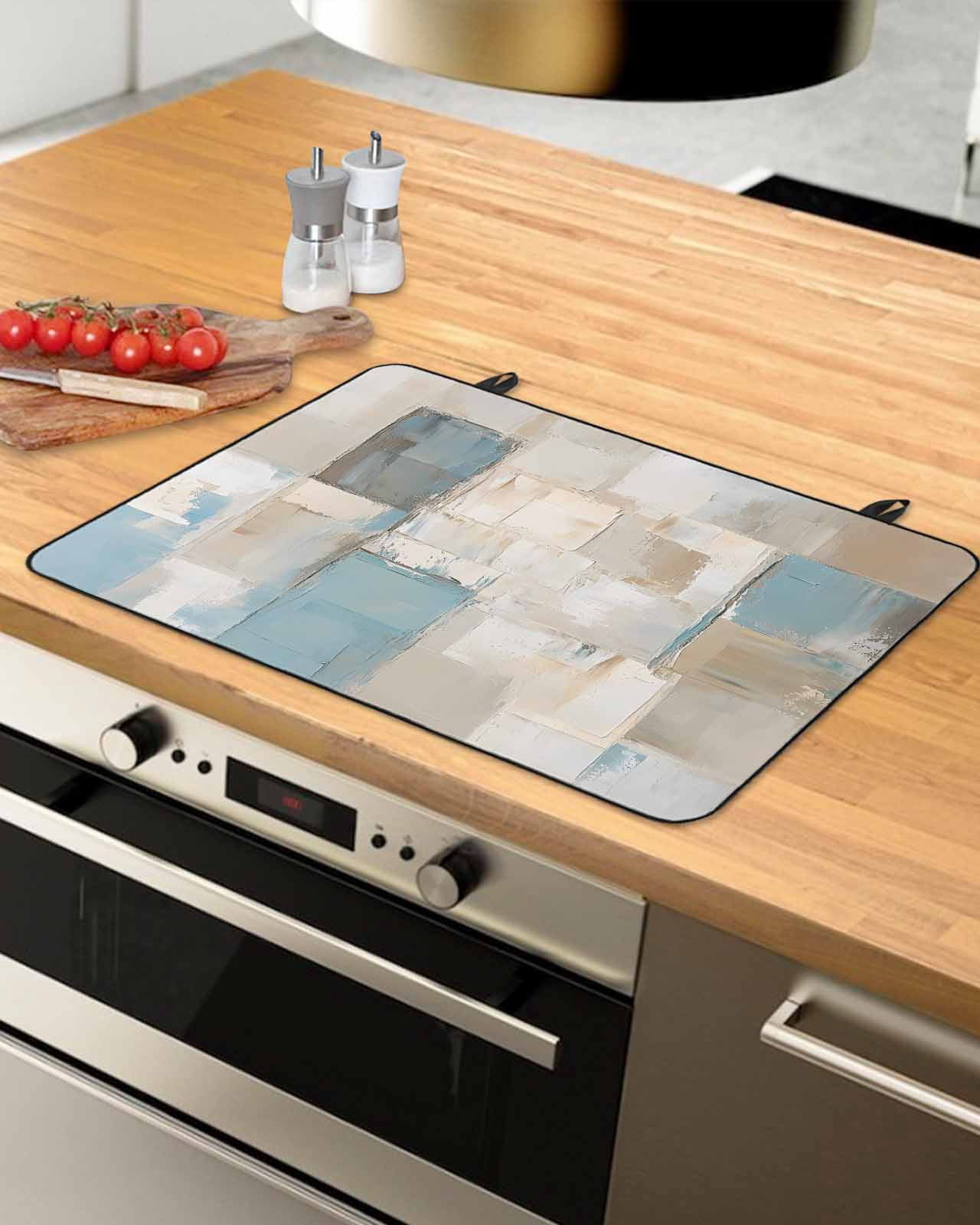 nqOlkjepod Large Induction Cooktop Protector Mat 24"x21", Blue Beige Color Blocks Stove Top Covers for Electric Stove, Abstract Oil Painting Art Stove Burner Cover Mats, Glass Top Stove Cover