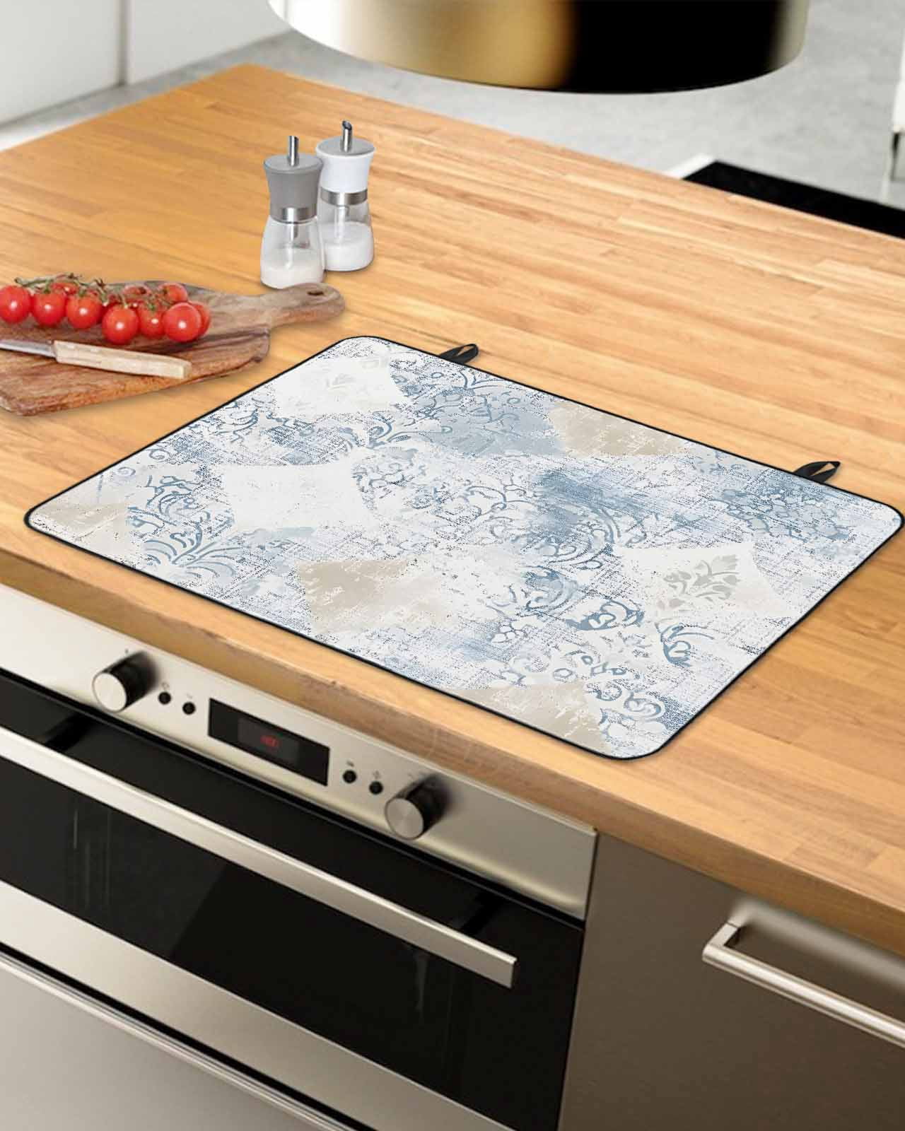 nqOlkjepod Large Induction Cooktop Protector Mat 24"x21", Blue Beige Floral Stove Top Covers for Electric Stove, Vintage Smear Abstract Art Decorative Stove Burner Cover Mats, Glass Top Stove Cover