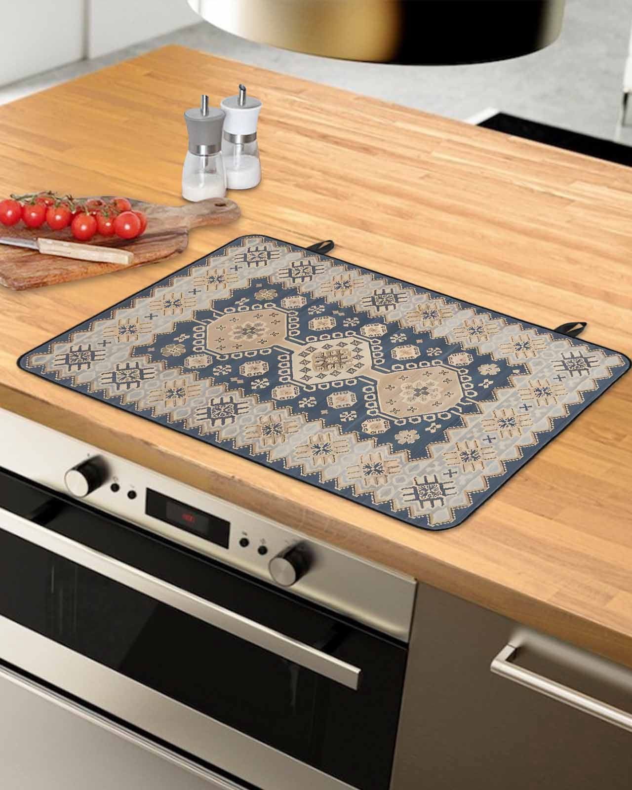 nqOlkjepod Large Induction Cooktop Protector Mat 24"x21", Blue Beige Geometric Stove Top Covers for Electric Stove, Southwest Ethnic Modern Decorative Stove Burner Cover Mats, Glass Top Stove Cover