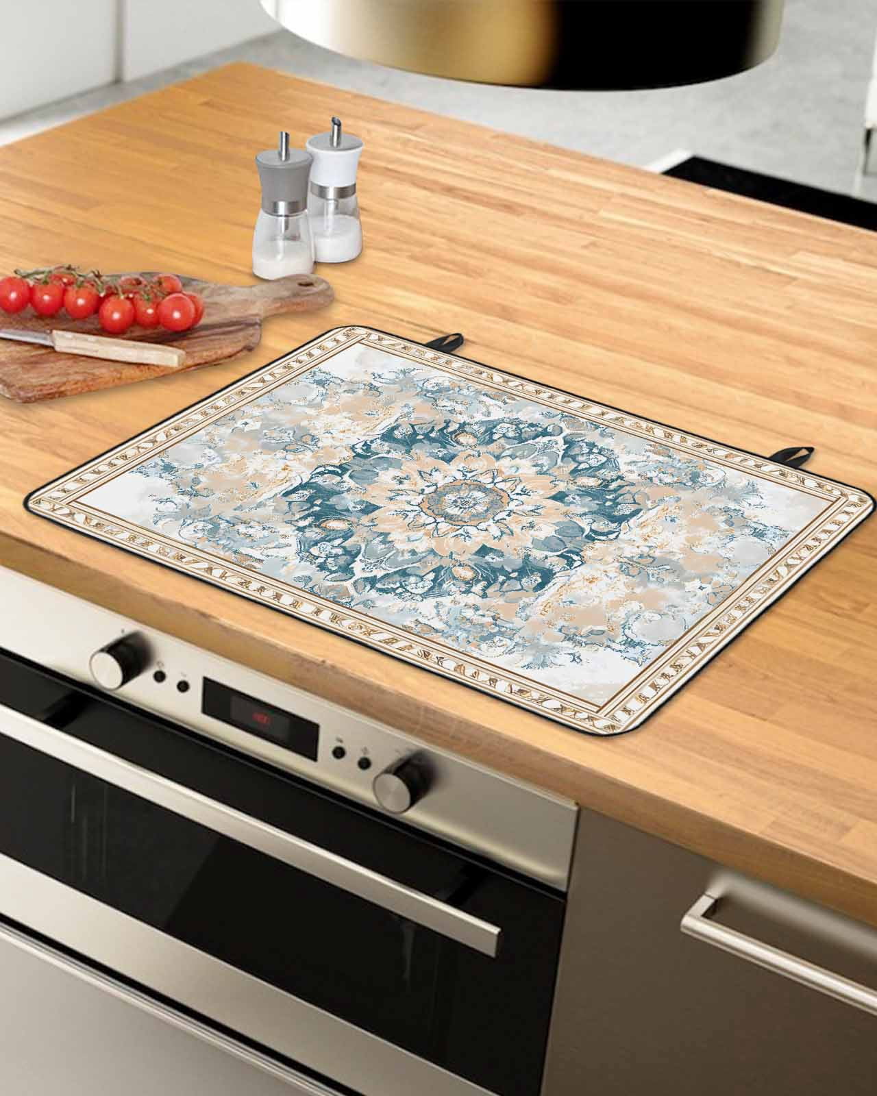 nqOlkjepod Large Induction Cooktop Protector Mat 24"x21", Blue Bohemia Stove Top Covers for Electric Stove, Boho Aztec Ethnic Abstract Flowers Pattern Stove Burner Cover Mats, Glass Top Stove Cover