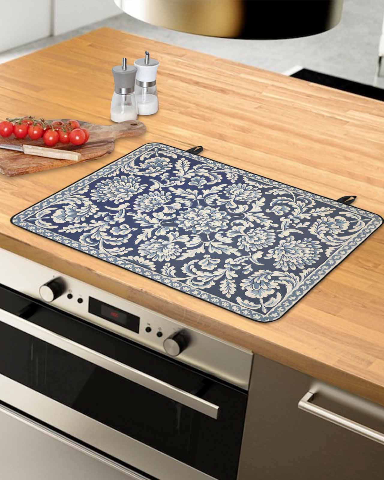 nqOlkjepod Large Induction Cooktop Protector Mat 24"x21", Blue Boho Flower Stove Top Covers for Electric Stove, Country Vintage Tribal Ethnic Motifs Stove Burner Cover Mats, Glass Top Stove Cover