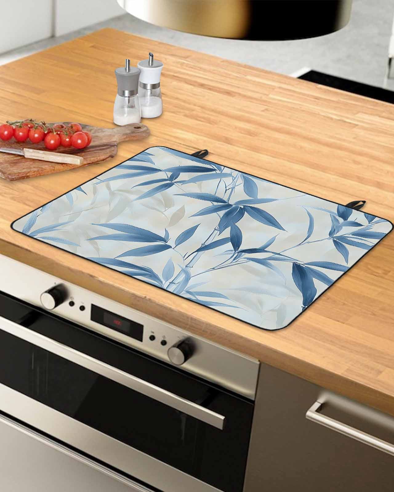 nqOlkjepod Large Induction Cooktop Protector Mat 24"x21", Blue Botanical Stove Top Covers for Electric Stove, Pastoral Summer Leaf Watercolor Stove Burner Cover Mats, Glass Top Stove Cover