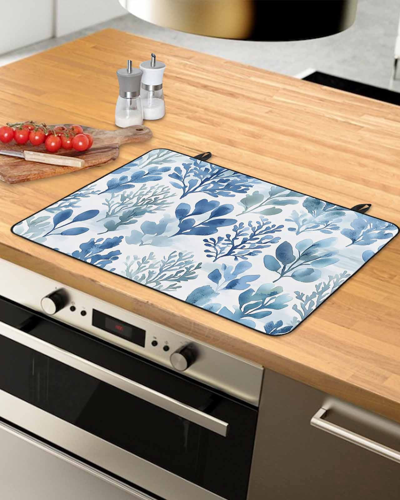 nqOlkjepod Large Induction Cooktop Protector Mat 24"x21", Blue Botanical Stove Top Covers for Electric Stove, Spring Summer Watercolor Leaf Decorative Stove Burner Cover Mats, Glass Top Stove Cover