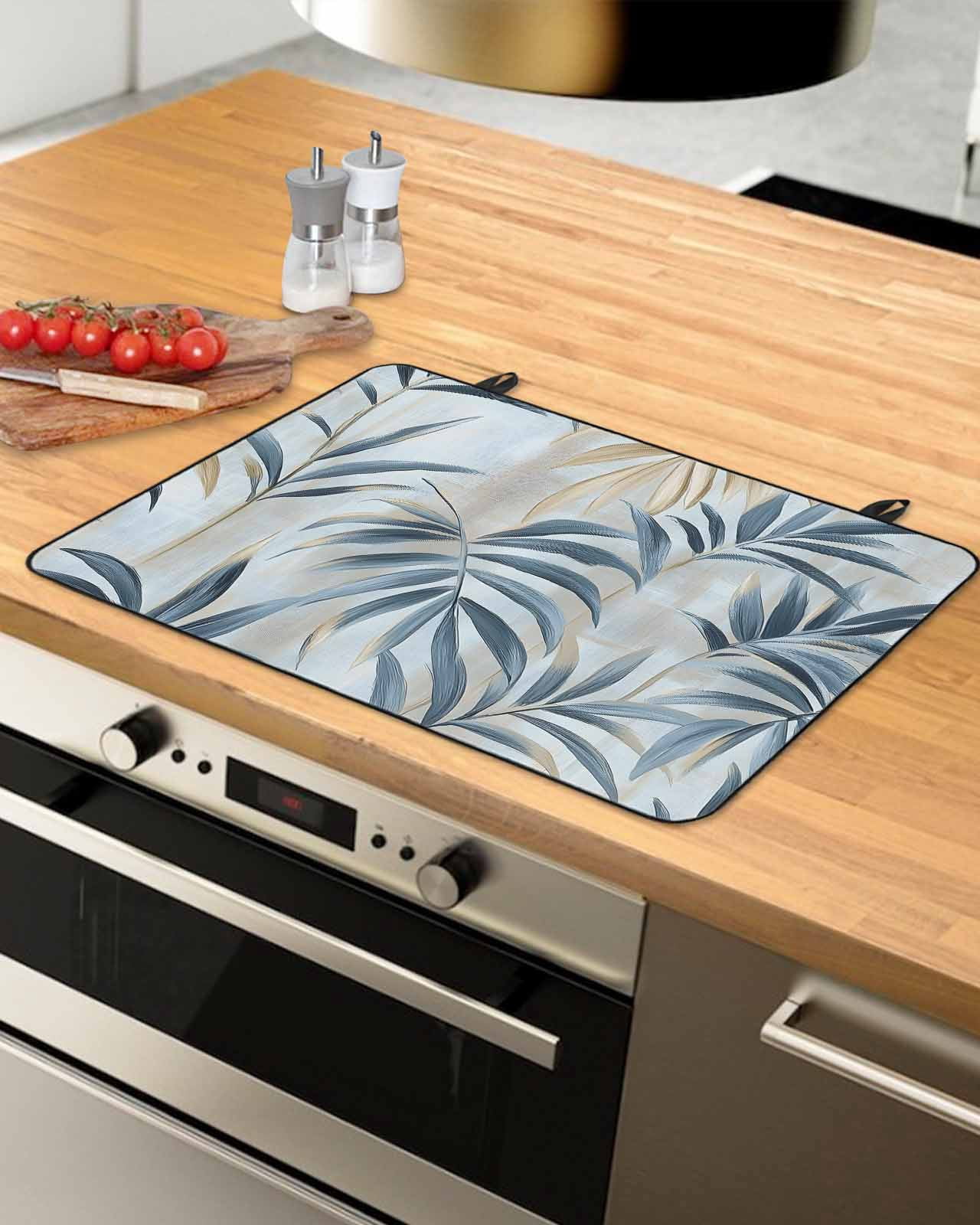 nqOlkjepod Large Induction Cooktop Protector Mat 24"x21", Blue Brown Botanical Stove Top Covers for Electric Stove, Pastoral Summer Leaf Decorative Stove Burner Cover Mats, Glass Top Stove Cover