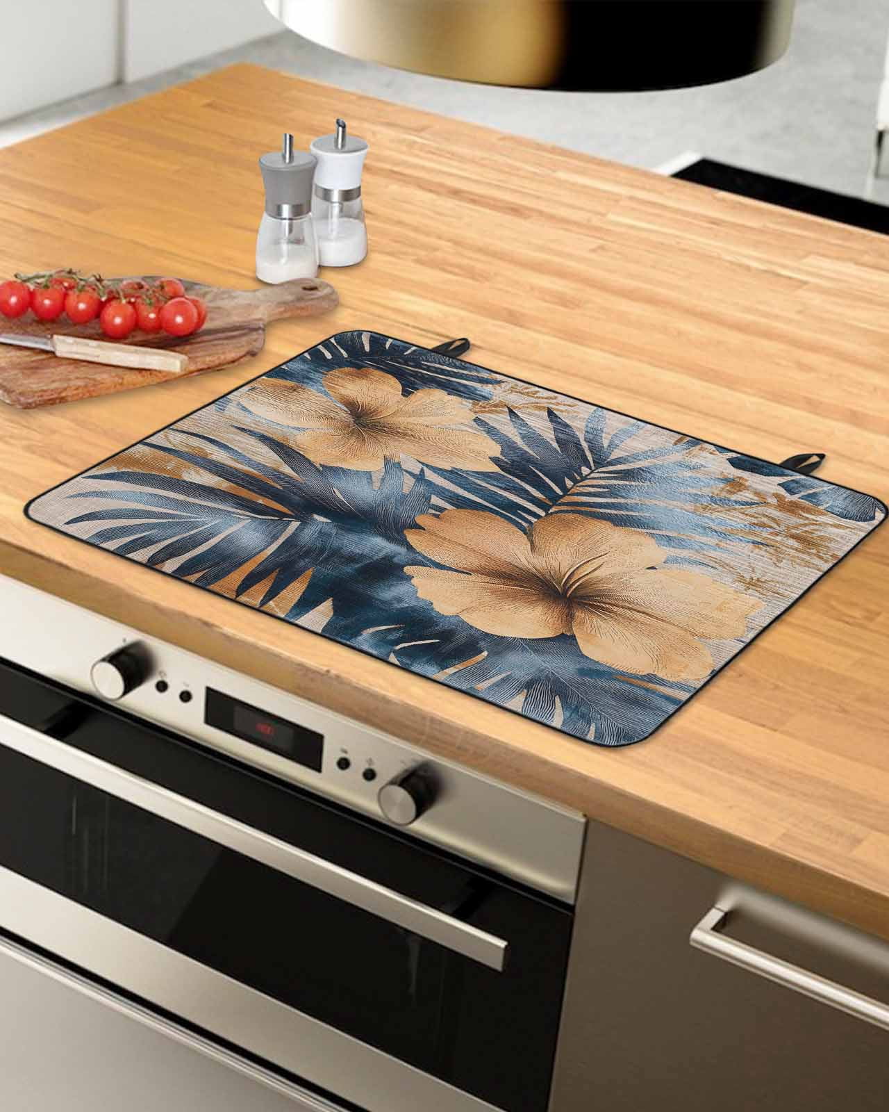 nqOlkjepod Large Induction Cooktop Protector Mat 24"x21", Blue Brown Botanical Stove Top Covers for Electric Stove, Summer Palm Leaf Flowers Elegant Stove Burner Cover Mats, Glass Top Stove Cover