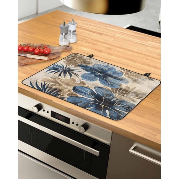 nqOlkjepod Large Induction Cooktop Protector Mat 24"x21", Blue Brown Botanical Stove Top Covers for Electric Stove, Summer Vintage Flowers Decorative Stove Burner Cover Mats, Glass Top Stove Cover