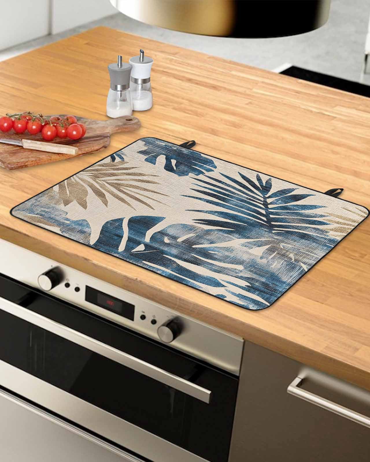 nqOlkjepod Large Induction Cooktop Protector Mat 24"x21", Blue Brown Palm Leaf Stove Top Covers for Electric Stove, Farmhouse Summer Botanical Stove Burner Cover Mats, Glass Top Stove Cover