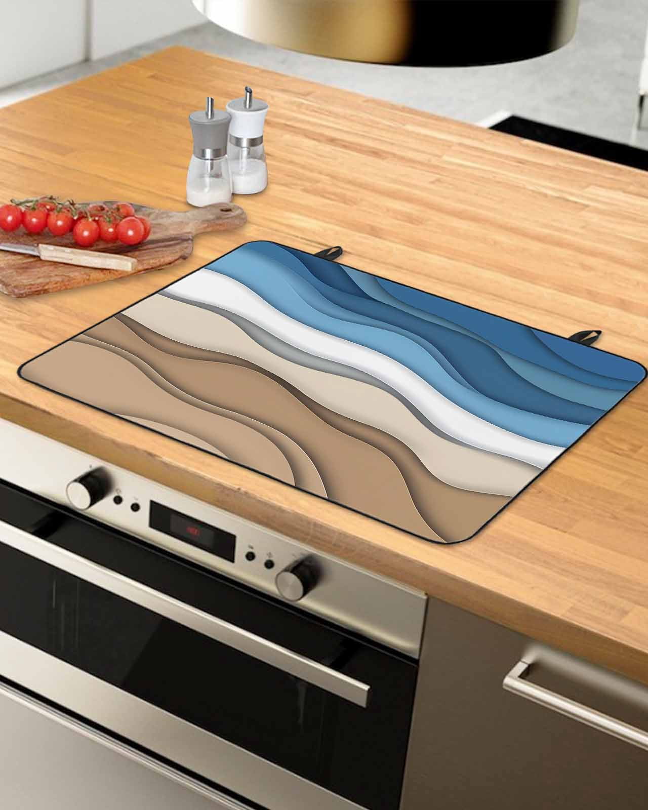 nqOlkjepod Large Induction Cooktop Protector Mat 24"x21", Blue Brown Striped Stove Top Covers for Electric Stove, Modern Gradient Abstract Waves Stove Burner Cover Mats, Glass Top Stove Cover