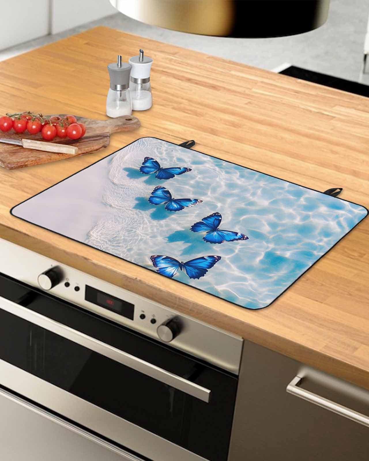 nqOlkjepod Large Induction Cooktop Protector Mat 24"x21", Blue Butterfly Coastal Stove Top Covers for Electric Stove, Summer Beach Ocean Wave Stove Burner Cover Mats, Glass Top Stove Cover