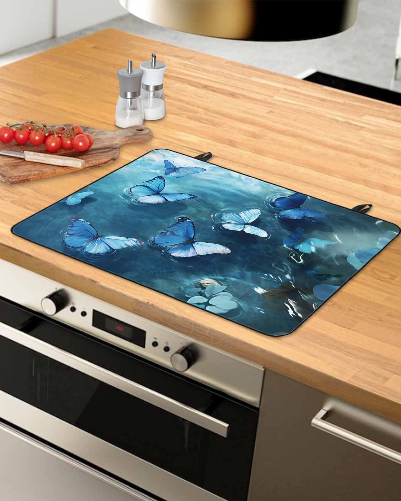 nqOlkjepod Large Induction Cooktop Protector Mat 24"x21", Blue Butterfly Stove Top Covers for Electric Stove, Modern Elegant Water Ripples Decorative Stove Burner Cover Mats, Glass Top Stove Cover