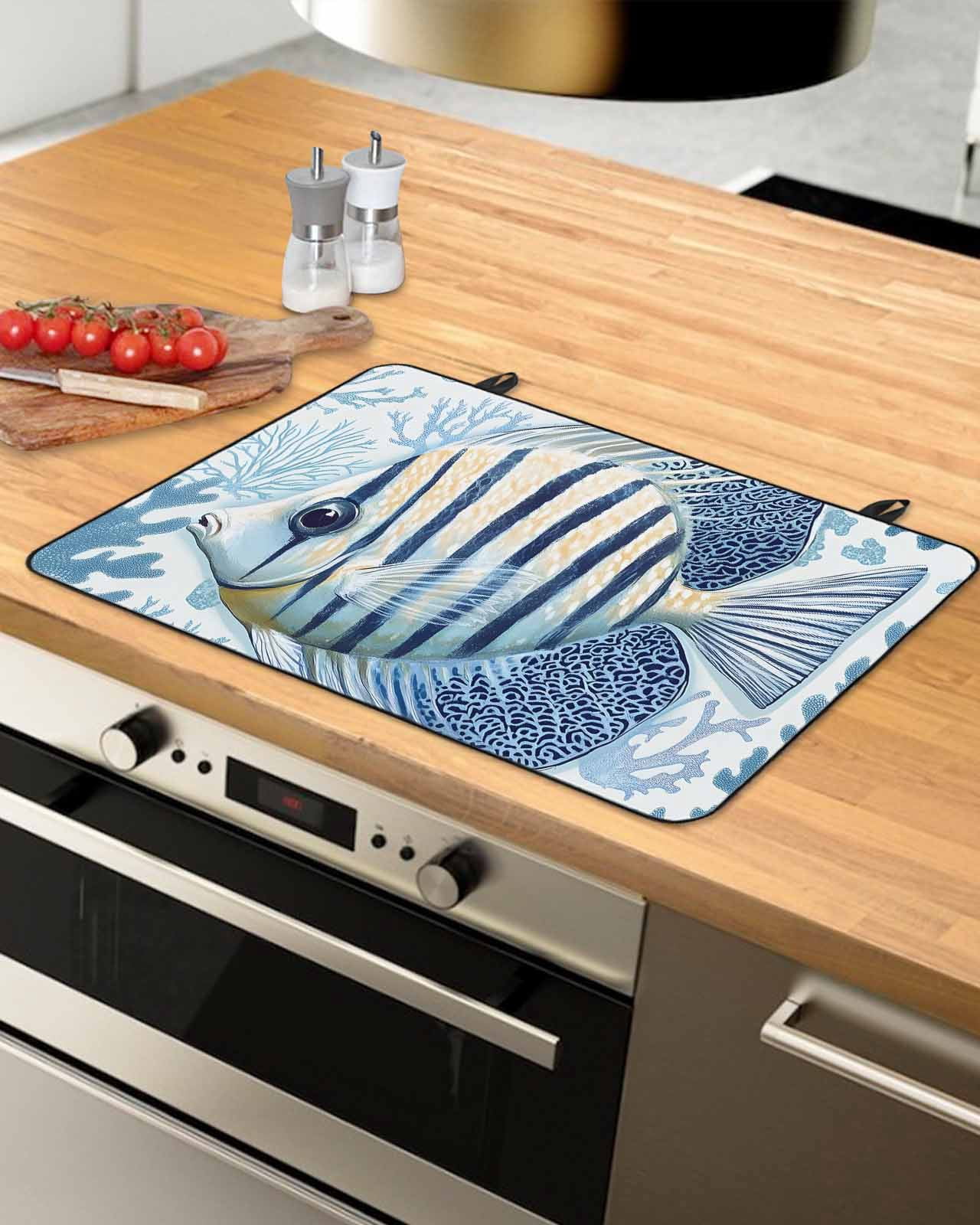 nqOlkjepod Large Induction Cooktop Protector Mat 24"x21", Blue Coastal Fish Stove Top Covers for Electric Stove, Summer Ocean Flower Stripe Coral Stove Burner Cover Mats, Glass Top Stove Cover