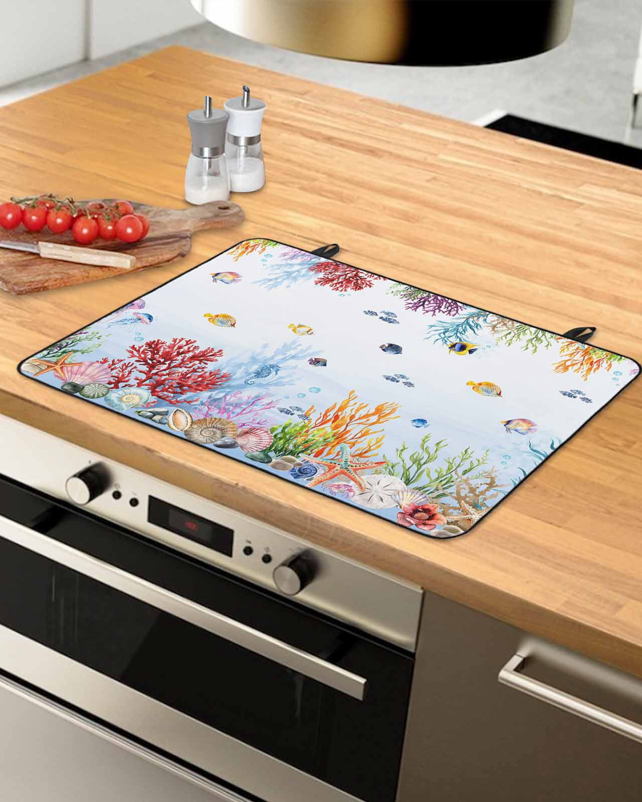 nqOlkjepod Large Induction Cooktop Protector Mat 24"x21", Blue Coastal Stove Top Covers for Electric Stove, Summer Beach Nautical Coral Fish Decorative Stove Burner Cover Mats, Glass Top Stove Cover