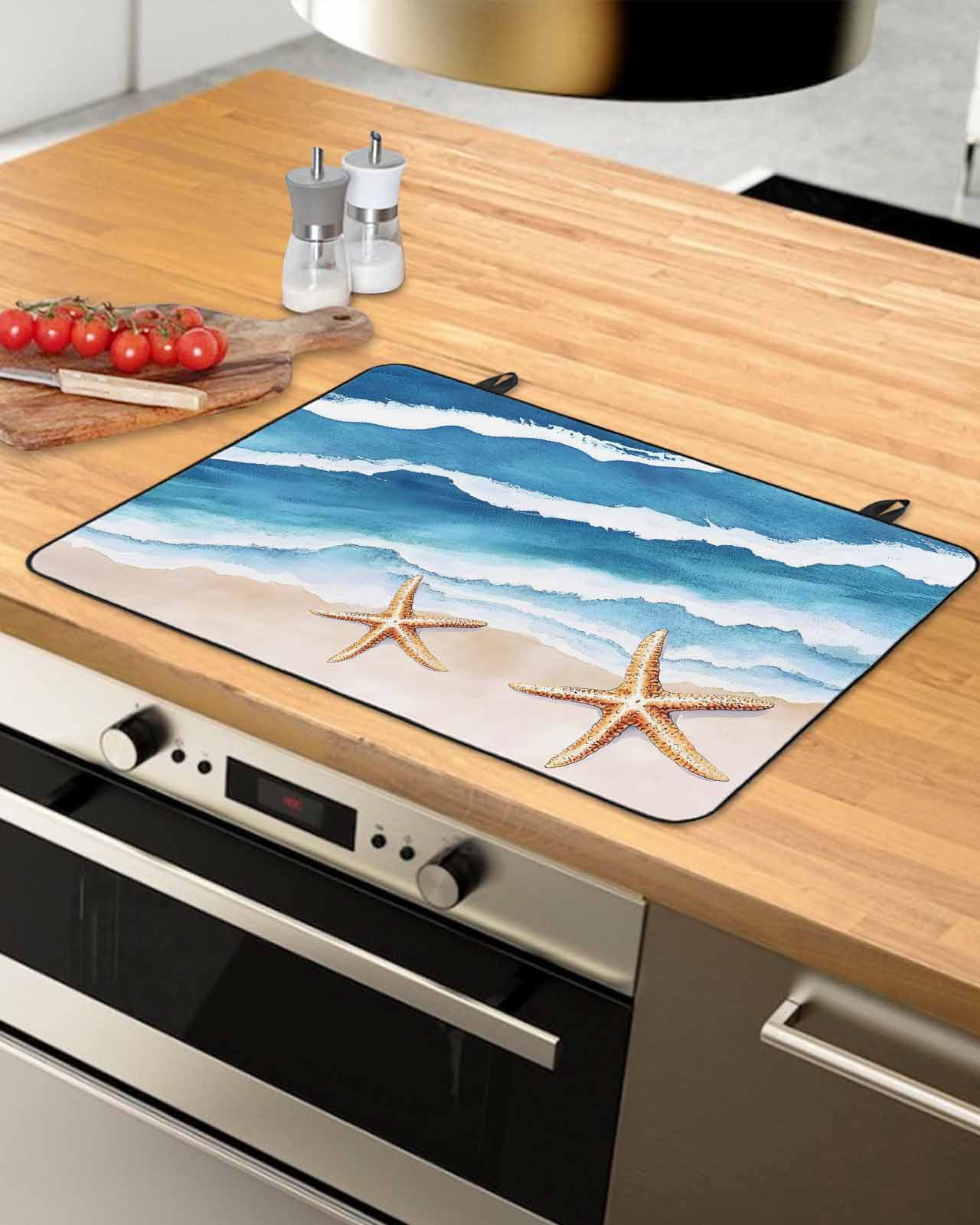 nqOlkjepod Large Induction Cooktop Protector Mat 24"x21", Blue Coastal Stove Top Covers for Electric Stove, Summer Beach Waves Nautical Starfish Stove Burner Cover Mats, Glass Top Stove Cover