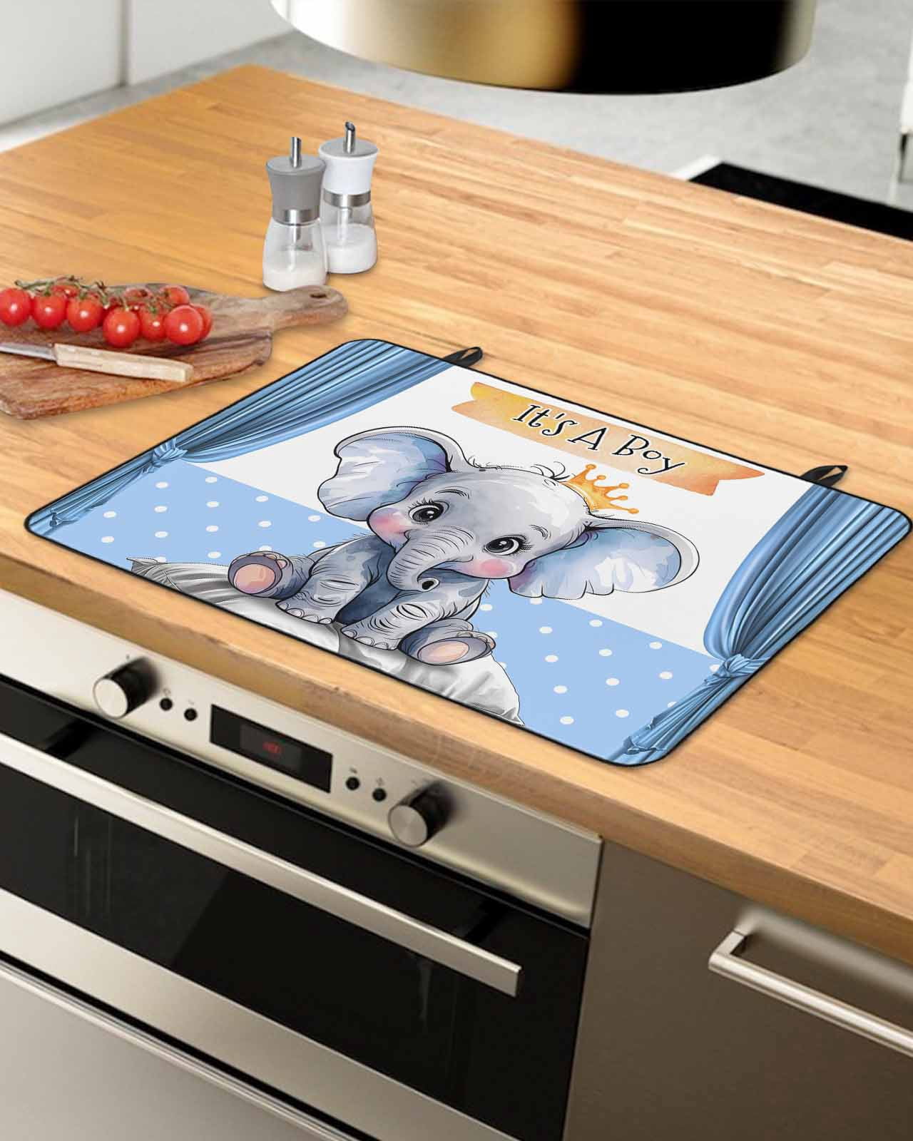 nqOlkjepod Large Induction Cooktop Protector Mat 24"x21", Blue Elephant Stove Top Covers for Electric Stove, Watercolor Cute Cartoon Animals Decorative Stove Burner Cover Mats, Glass Top Stove Cover