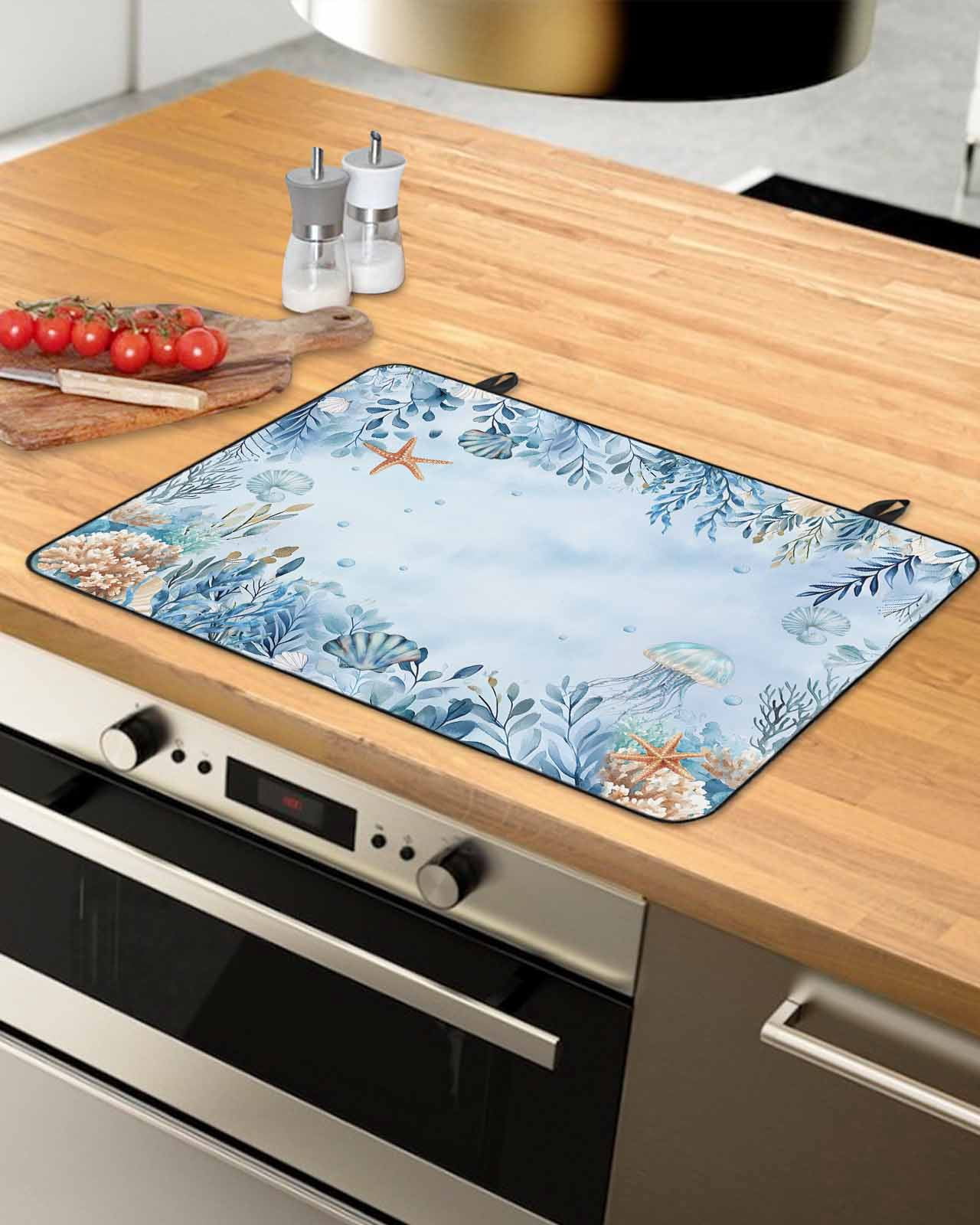 nqOlkjepod Large Induction Cooktop Protector Mat 24"x21", Blue Eucalyptus Stove Top Covers for Electric Stove, Botanical Ombre Coastal Decorative Stove Burner Cover Mats, Glass Top Stove Cover
