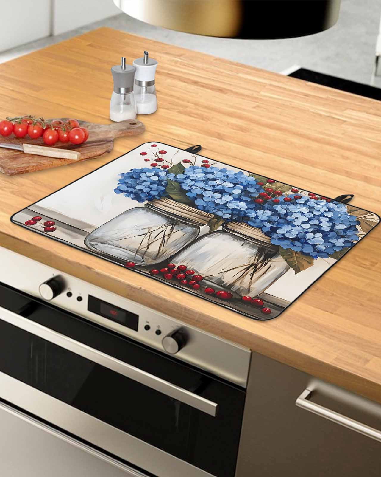 nqOlkjepod Large Induction Cooktop Protector Mat 24"x21", Blue Floral Stove Top Covers for Electric Stove, Bottle Floral Farm Fruit Spring Summer Stove Burner Cover Mats, Glass Top Stove Cover