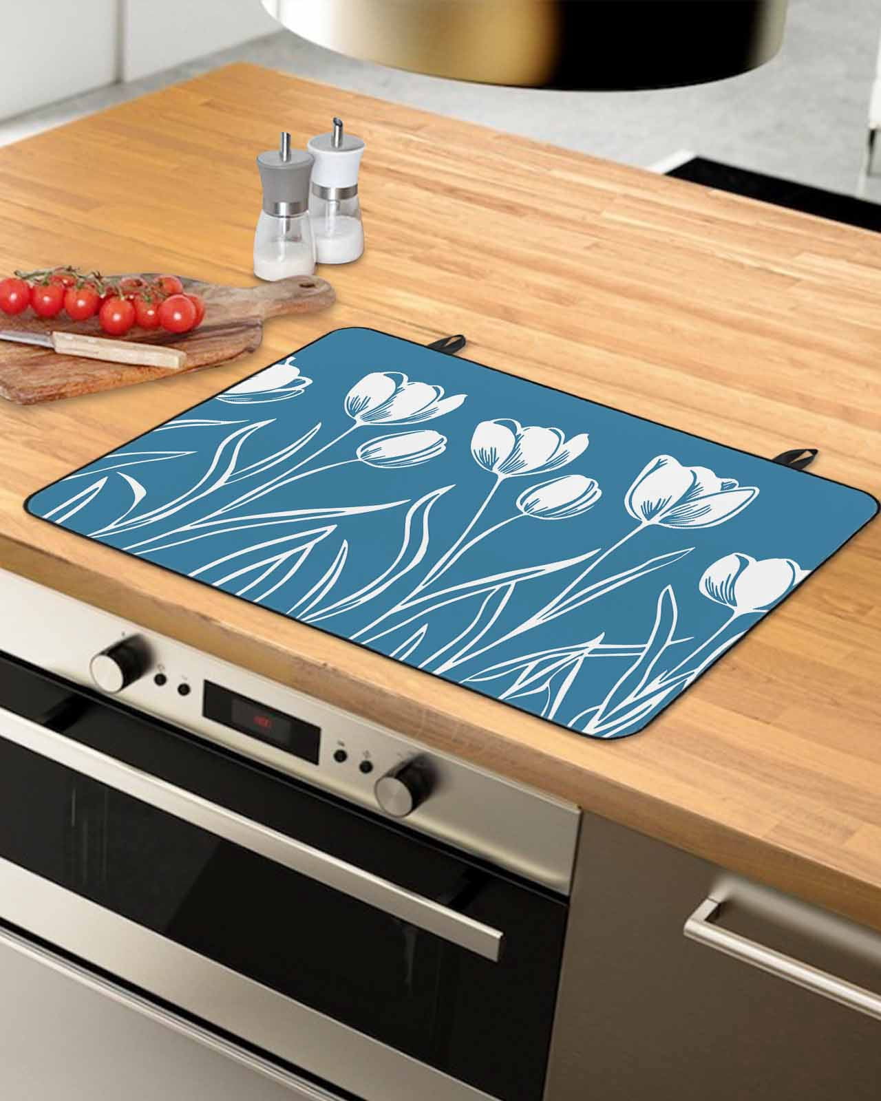 nqOlkjepod Large Induction Cooktop Protector Mat 24"x21", Blue Floral Stove Top Covers for Electric Stove, Country Plant Leaf Botanical Tulip Flower Stove Burner Cover Mats, Glass Top Stove Cover