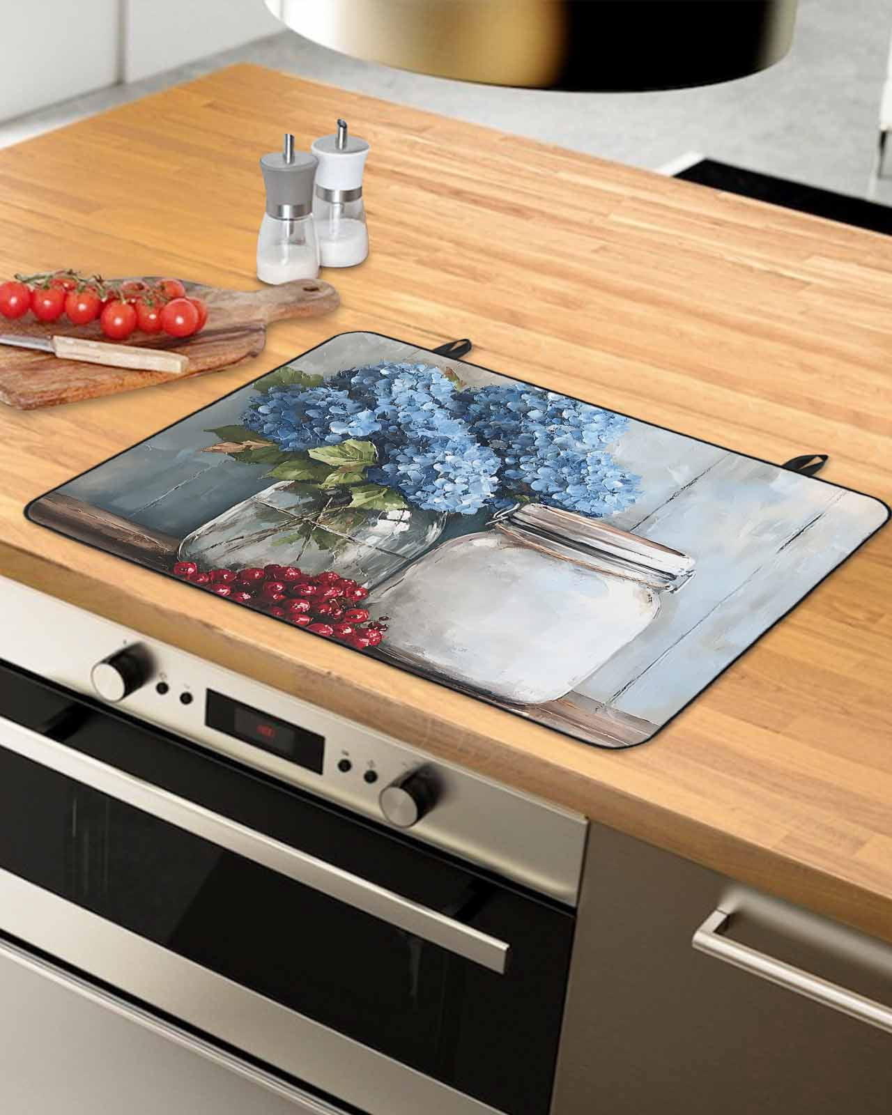 nqOlkjepod Large Induction Cooktop Protector Mat 24"x21", Blue Flower Stove Top Covers for Electric Stove, Modern Graffiti Paint Art Farmhouse Wood Grain Stove Burner Cover Mats Stove Cover