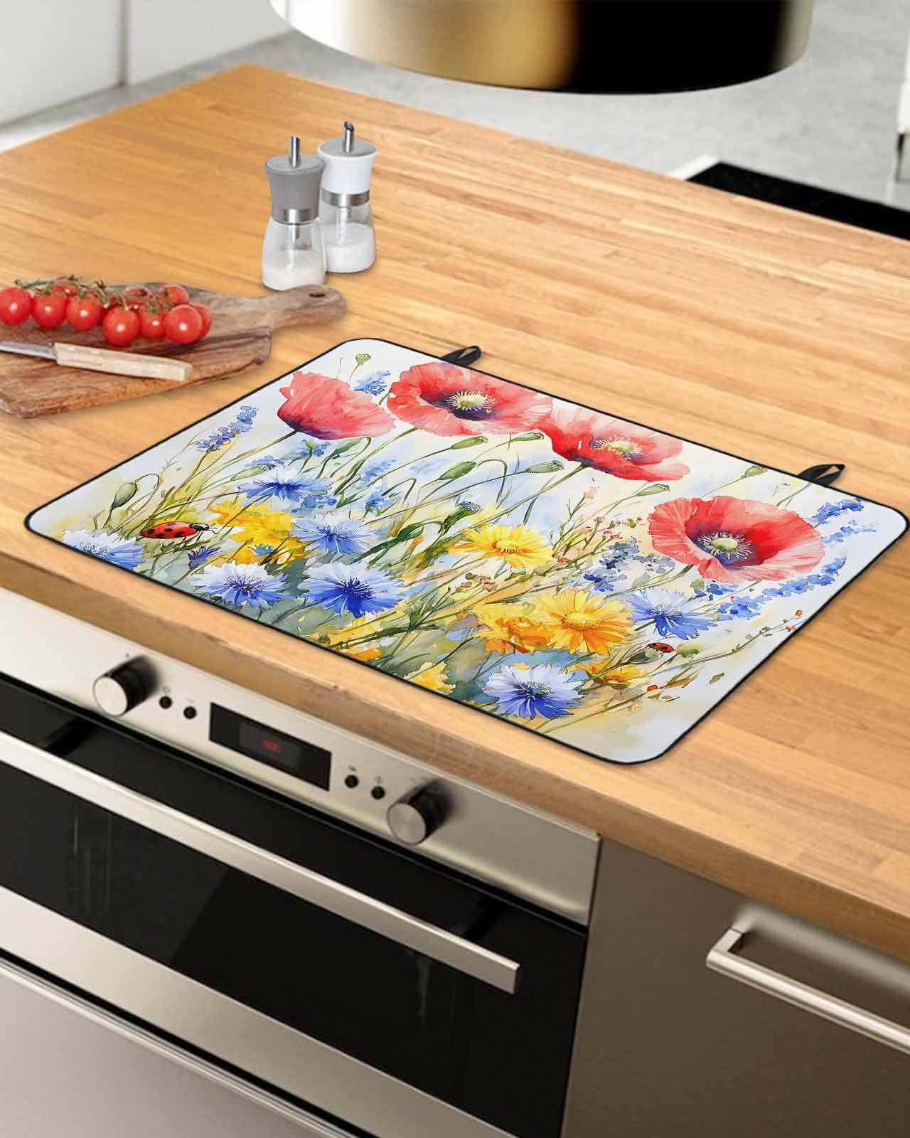 nqOlkjepod Large Induction Cooktop Protector Mat 24"x21", Blue Flower Stove Top Covers for Electric Stove, Patriotic Red Poppy Floral Daisy Wildflower Stove Burner Cover Mats, Glass Top Stove Cover