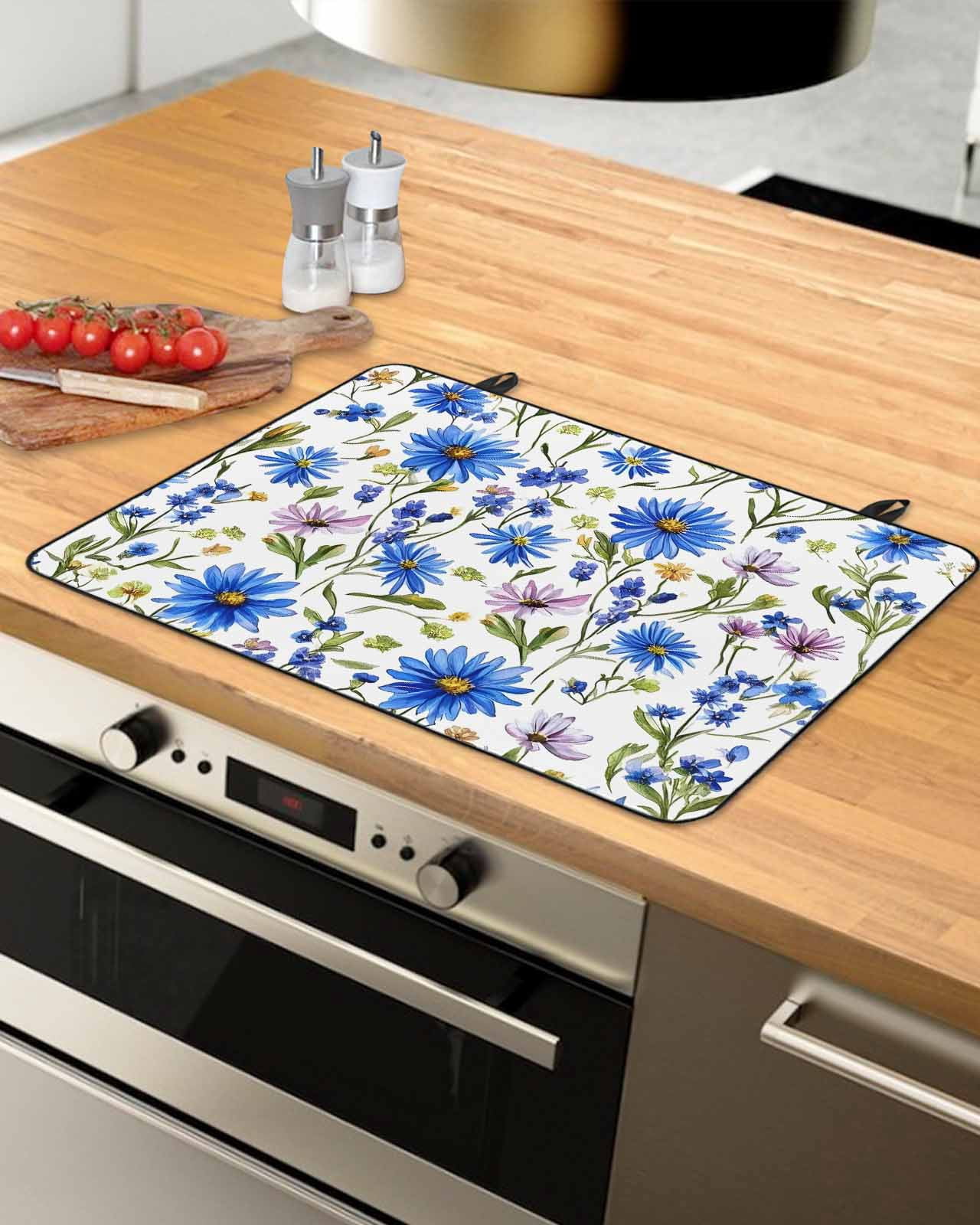 nqOlkjepod Large Induction Cooktop Protector Mat 24"x21", Blue Flower Stove Top Covers for Electric Stove, Pink Botanical Blossoming Floral Plant Stove Burner Cover Mats, Glass Top Stove Cover