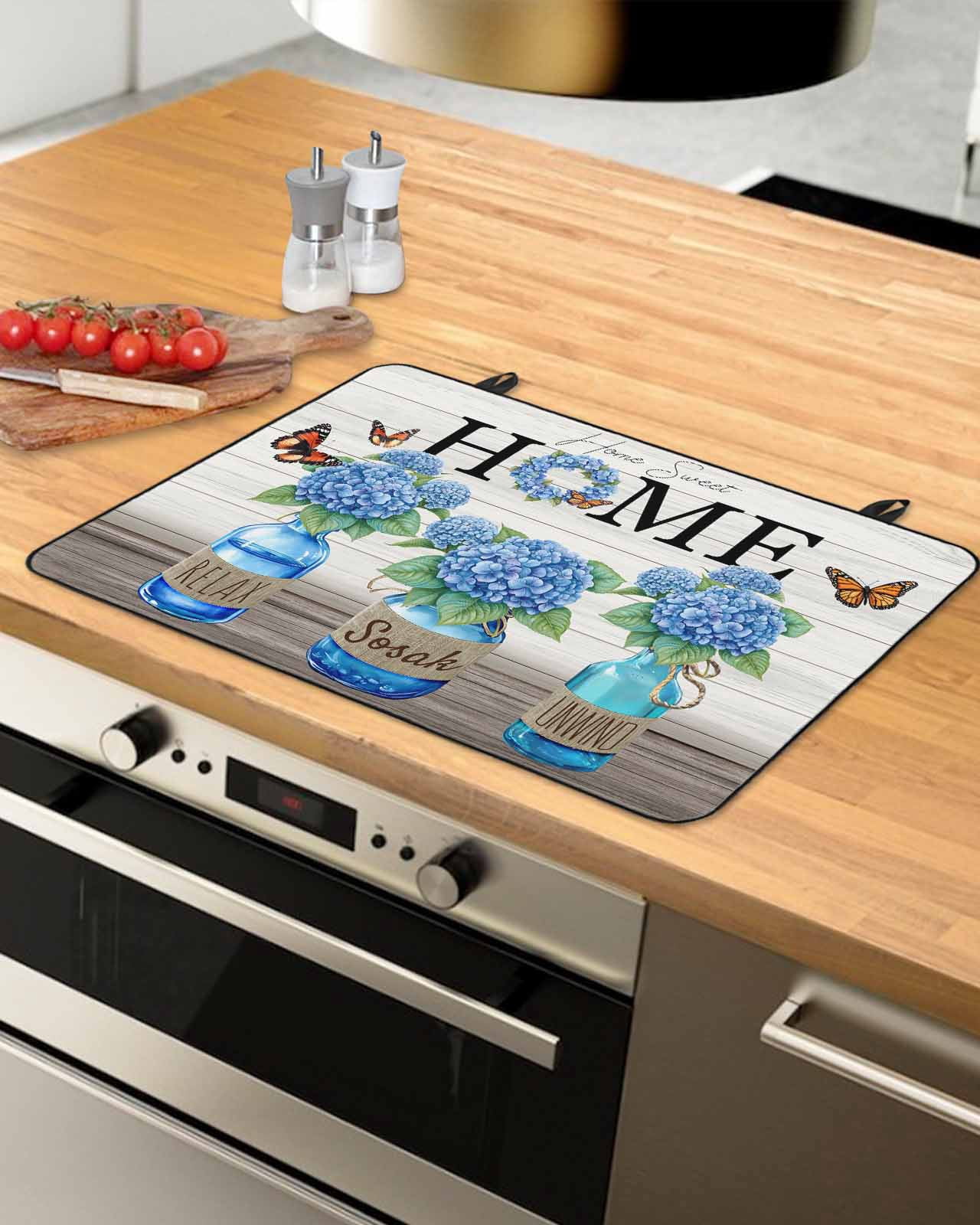 nqOlkjepod Large Induction Cooktop Protector Mat 24"x21", Blue Flower Stove Top Covers for Electric Stove, Summer Hydrangea Floral Leaf Butterfly Stove Burner Cover Mats, Glass Top Stove Cover
