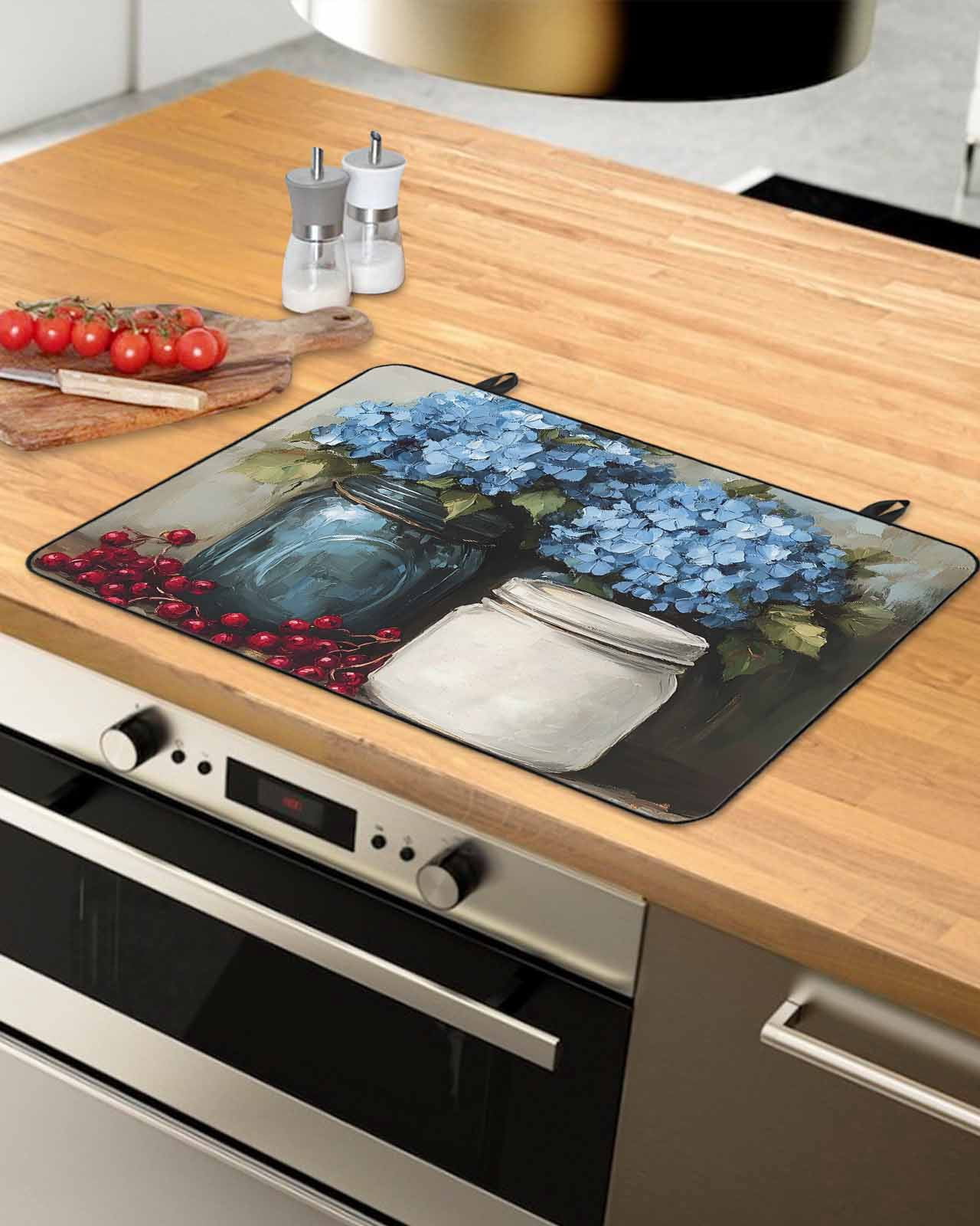 nqOlkjepod Large Induction Cooktop Protector Mat 24"x21", Blue Flower Stove Top Covers for Electric Stove, Vintage Hydrangeas Bottle Fruit Painting Stove Burner Cover Mats, Glass Top Stove Cover