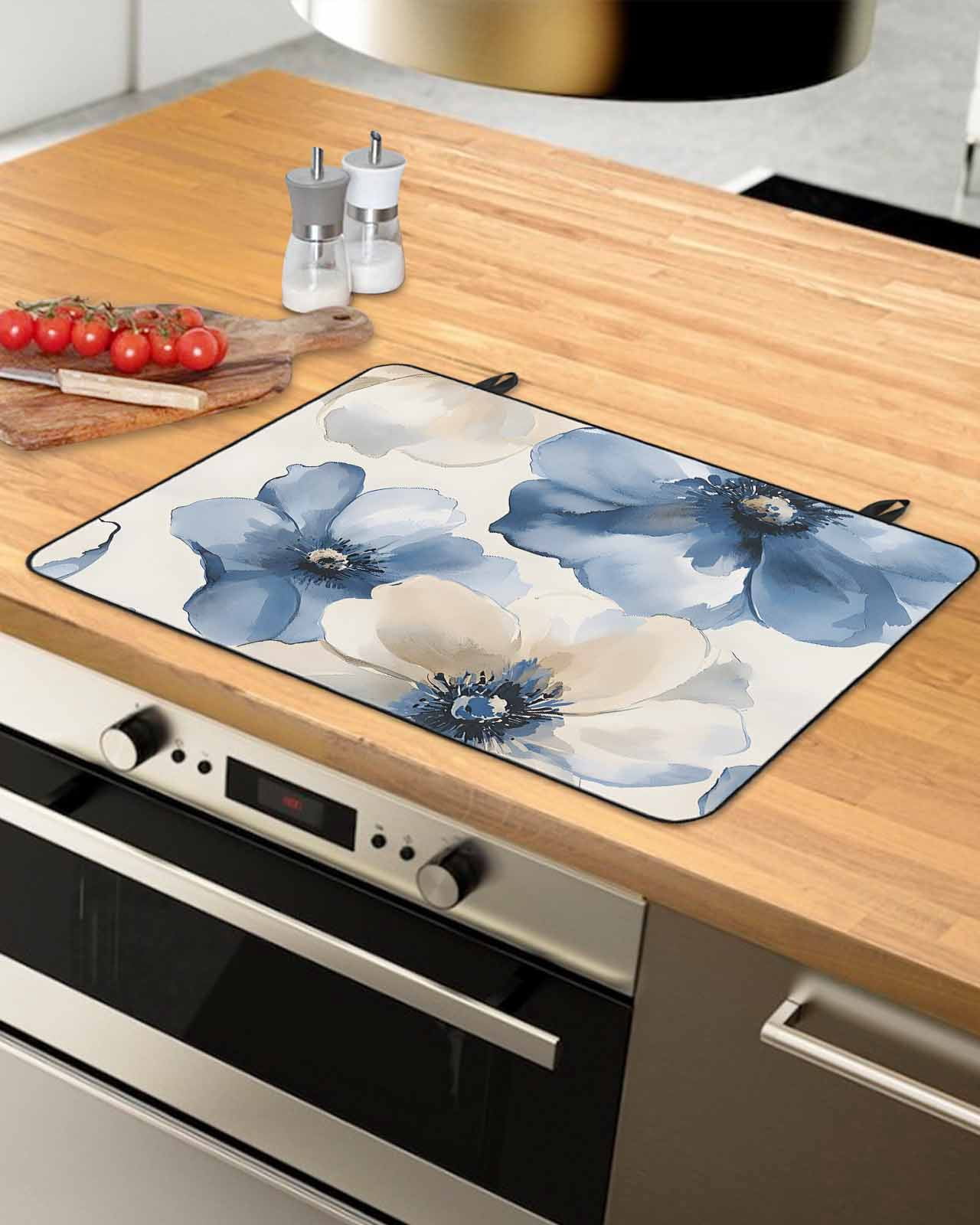nqOlkjepod Large Induction Cooktop Protector Mat 24"x21", Blue Flower Stove Top Covers for Electric Stove, Watercolor Botanicals Blossom Gradient Stove Burner Cover Mats, Glass Top Stove Cover