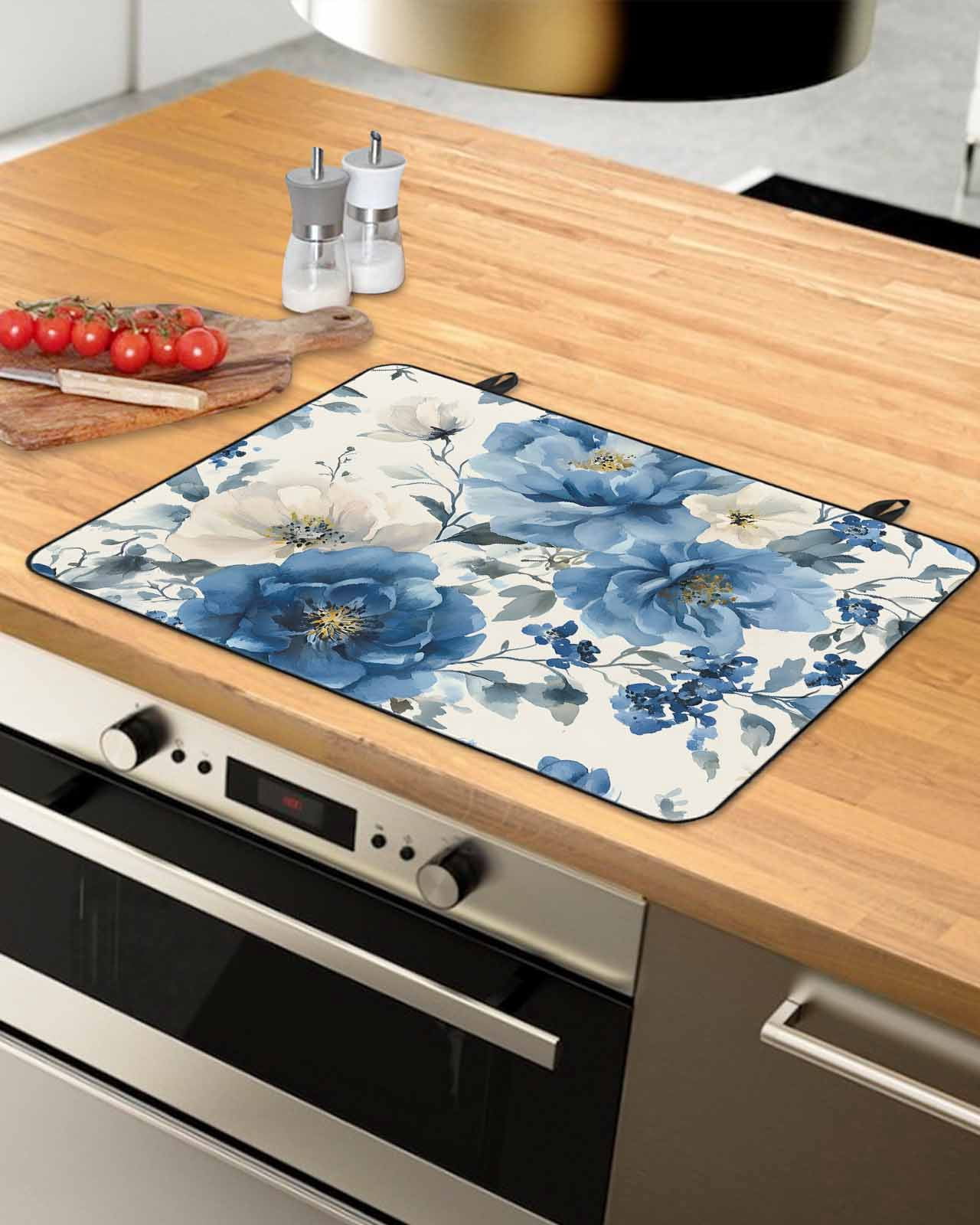 nqOlkjepod Large Induction Cooktop Protector Mat 24"x21", Blue Flower Stove Top Covers for Electric Stove, White Floral Watercolor Botanicals Blossom Stove Burner Cover Mats, Glass Top Stove Cover