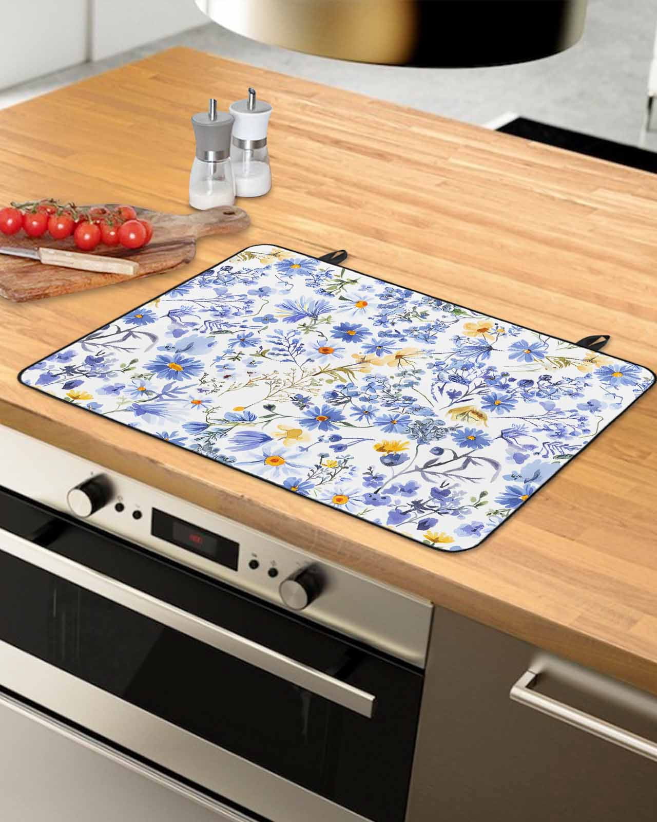 nqOlkjepod Large Induction Cooktop Protector Mat 24"x21", Blue Flowers Stove Top Covers for Electric Stove, Farmhouse Wildflowers Botanical Leaf Stove Burner Cover Mats, Glass Top Stove Cover