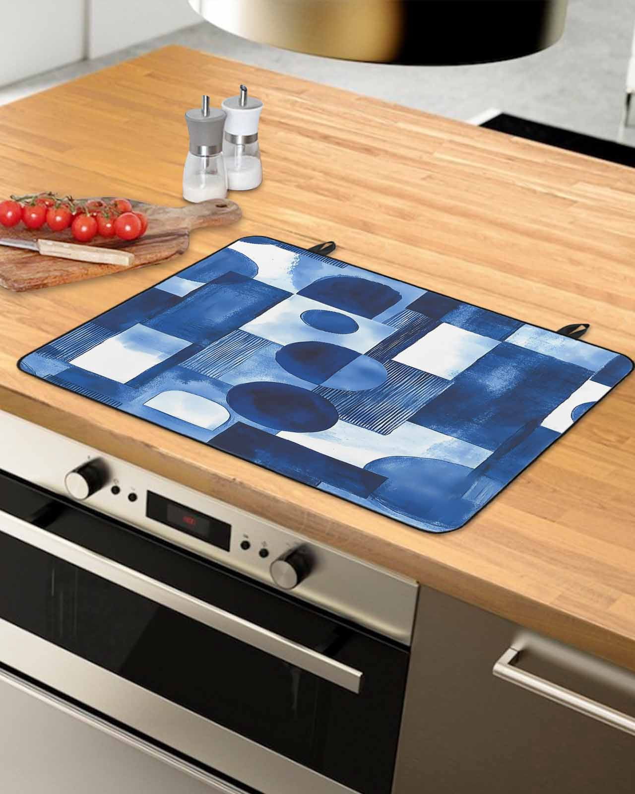nqOlkjepod Large Induction Cooktop Protector Mat 24"x21", Blue Geometric Stove Top Covers for Electric Stove, Middle Century Vintage Lines Art Stove Burner Cover Mats, Glass Top Stove Cover