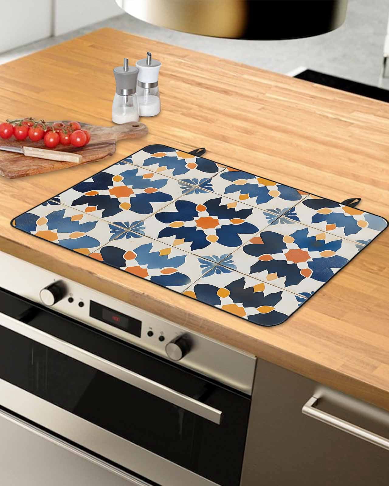 nqOlkjepod Large Induction Cooktop Protector Mat 24"x21", Blue Geometric Stove Top Covers for Electric Stove, Simple Colorful Block Abstract Pattern Stove Burner Cover Mats, Glass Top Stove Cover