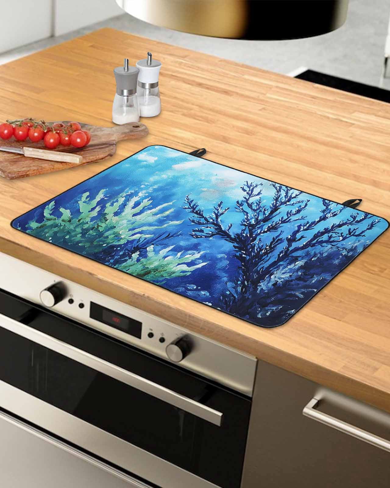 nqOlkjepod Large Induction Cooktop Protector Mat 24"x21", Blue Green Coral Stove Top Covers for Electric Stove, Summer Watercolor Ocean Plant Stove Burner Cover Mats, Glass Top Stove Cover