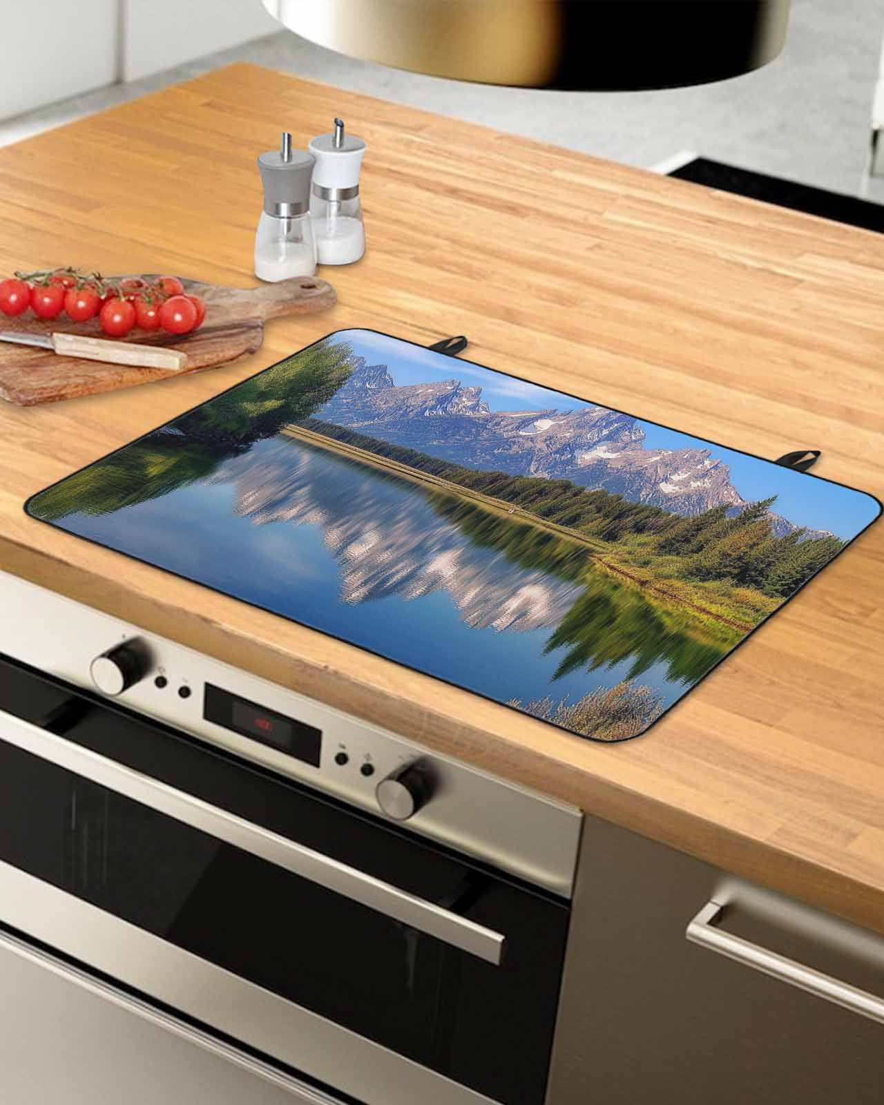 nqOlkjepod Large Induction Cooktop Protector Mat 24"x21", Blue Green Mountain Stove Top Covers for Electric Stove, Pastoral Modern Art Forest Stove Burner Cover Mats, Glass Top Stove Cover