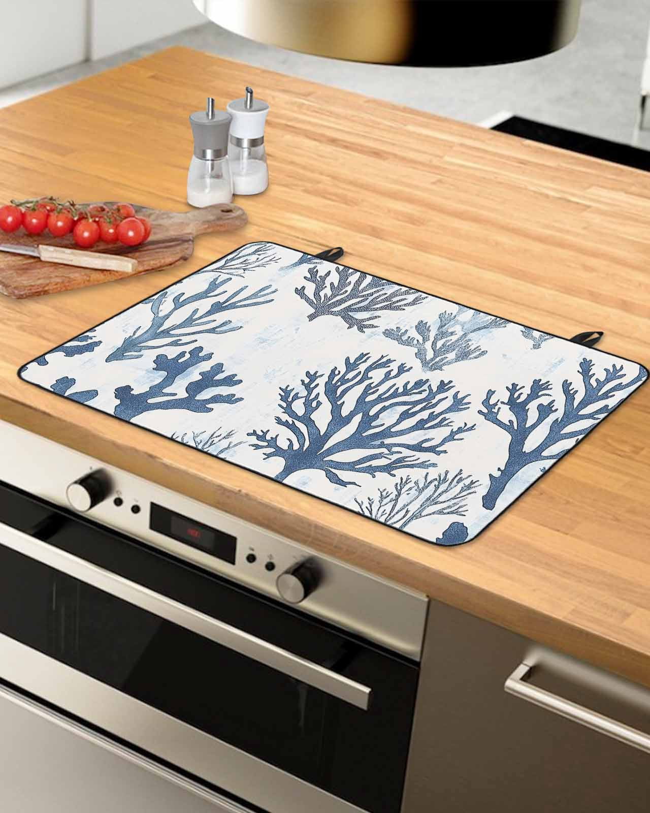 nqOlkjepod Large Induction Cooktop Protector Mat 24"x21", Blue Grey Coral Stove Top Covers for Electric Stove, Coastal Watercolor Ocean Decorative Stove Burner Cover Mats, Glass Top Stove Cover